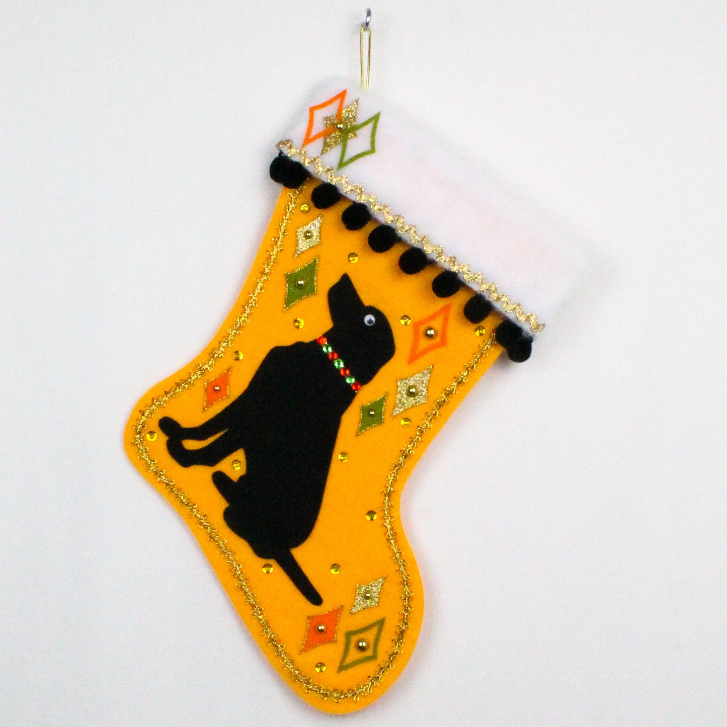 Black Labrador Retriever dog on gold felt Christmas stocking