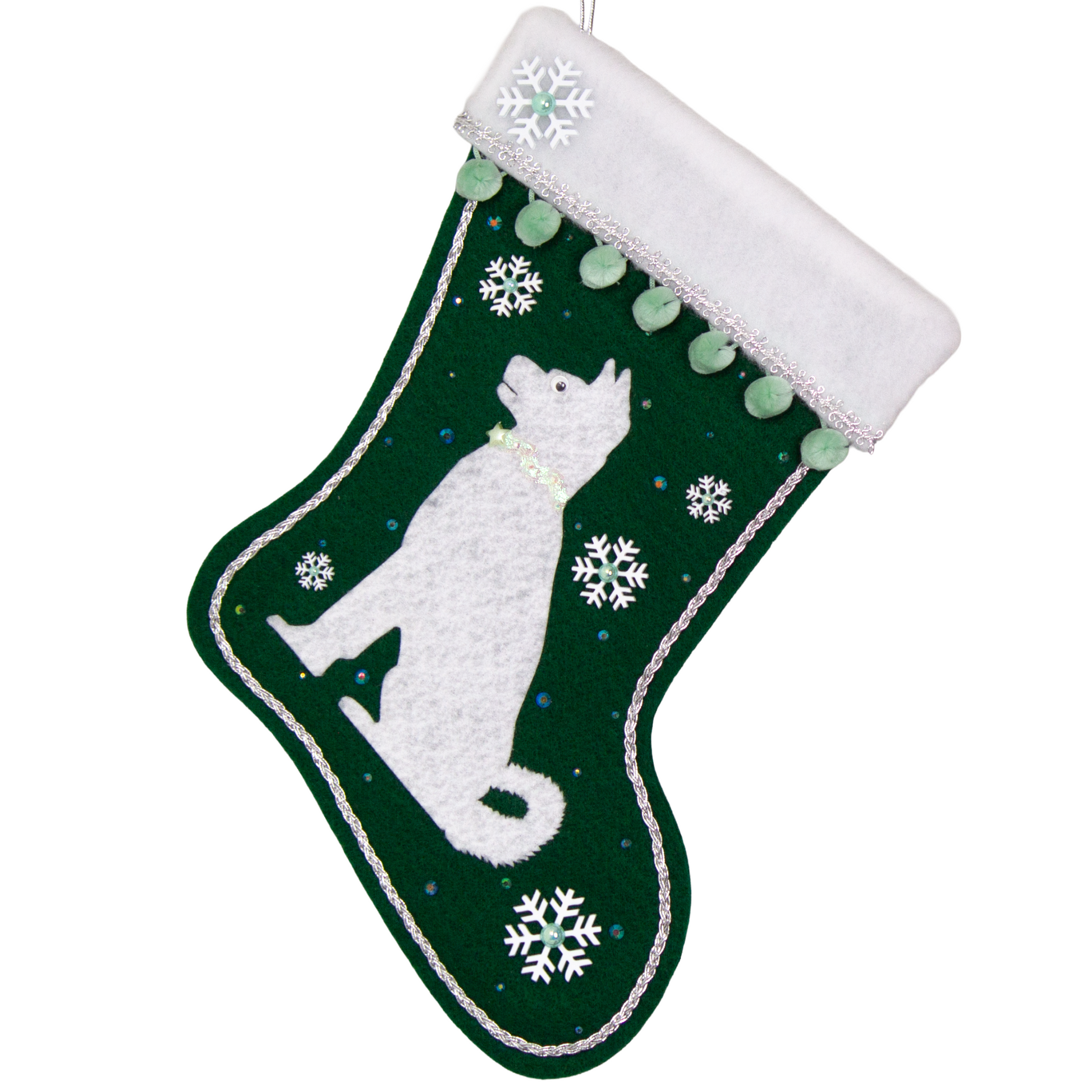 Akita dog in white felt Christmas stocking on  dark green felt with snowflakes, minty green pom poms and decorations in silver and mint green. (Front of stocking)