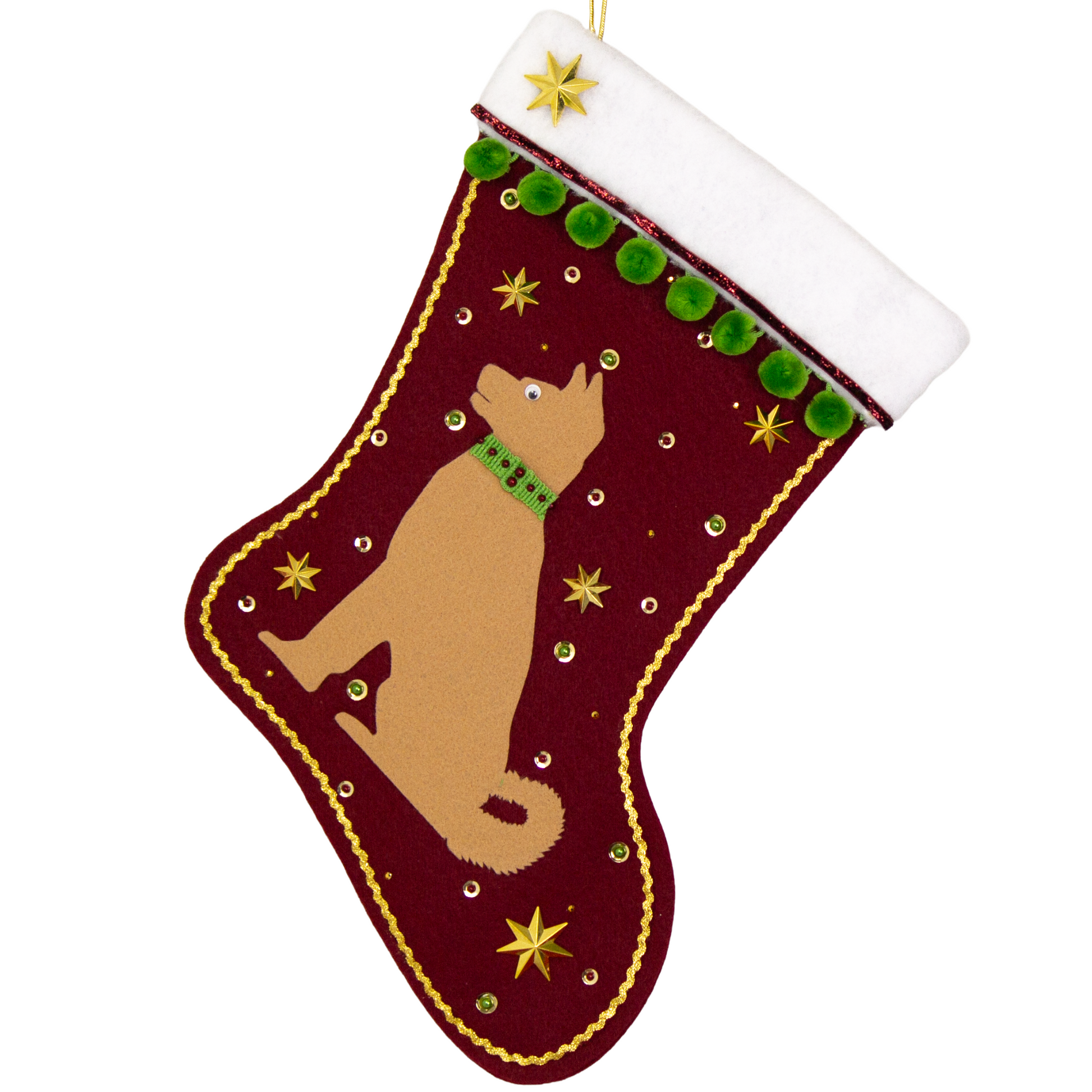 Akita dog in tan felt Christmas stocking on ruby red felt with gold stars, green pom poms and decorations in red, green and gold. (Front of stocking)