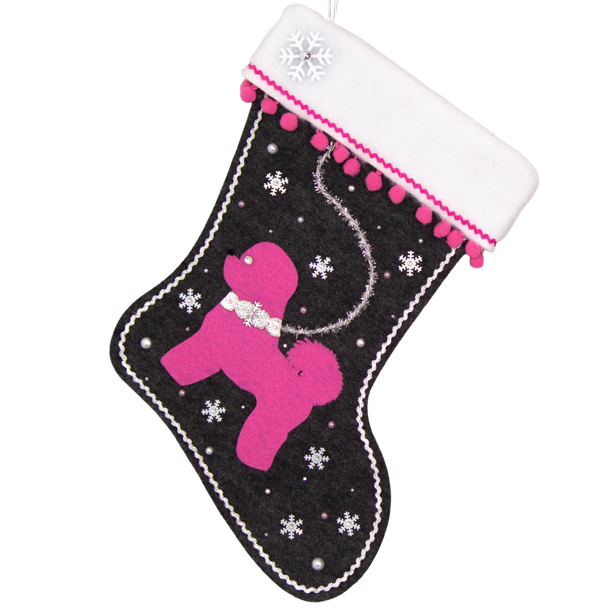 Bichon Frise dog in candy pink felt Christmas stocking on charcoal gray felt with pom poms, tinsel, snowflake sequins and decorations in pink and silver. (Front of stocking)