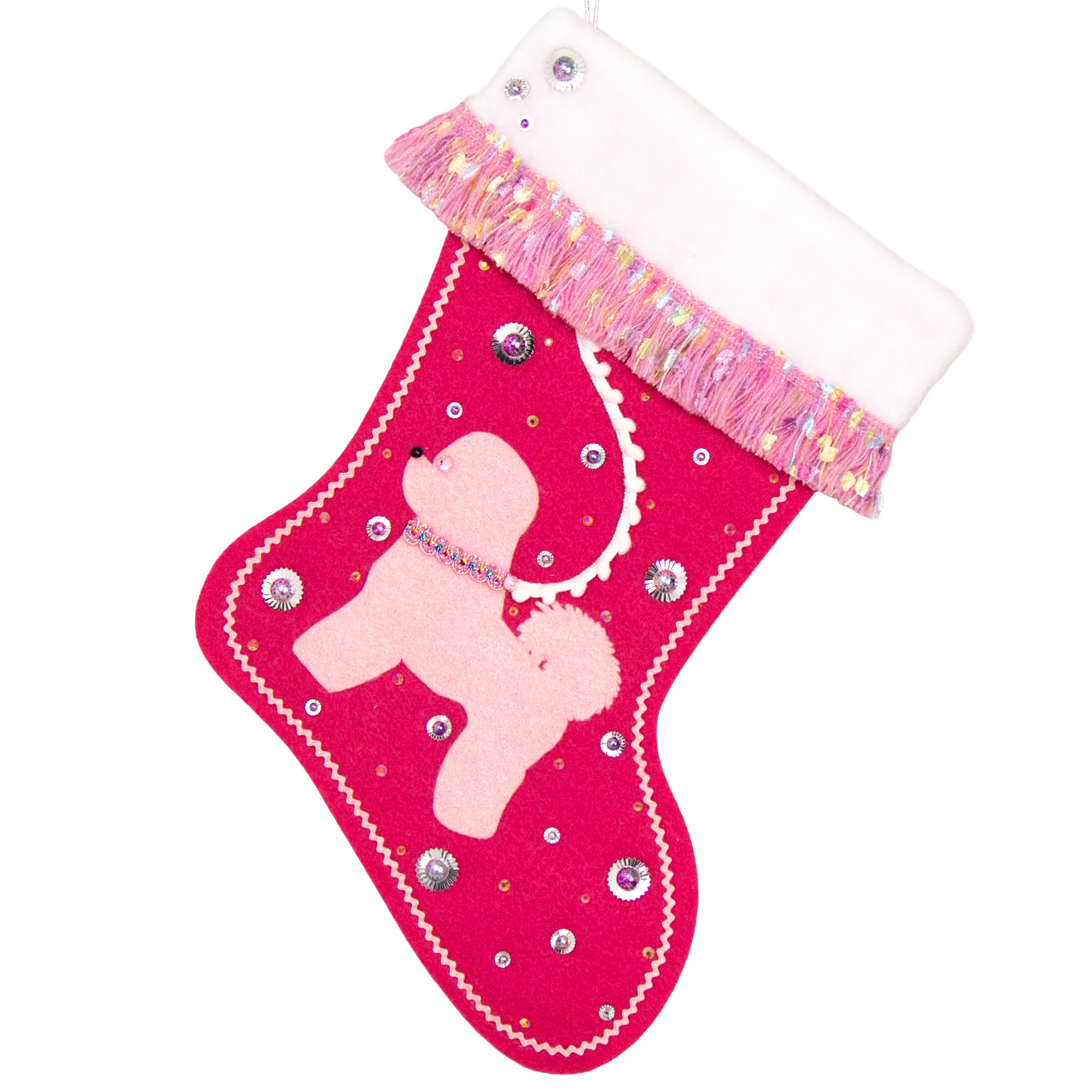 Bichon Frise dog in light pink felt Christmas stocking on candy pink felt with fringe, sequins, mini pom poms and decorations in multicolor and silver. (Front of stocking)