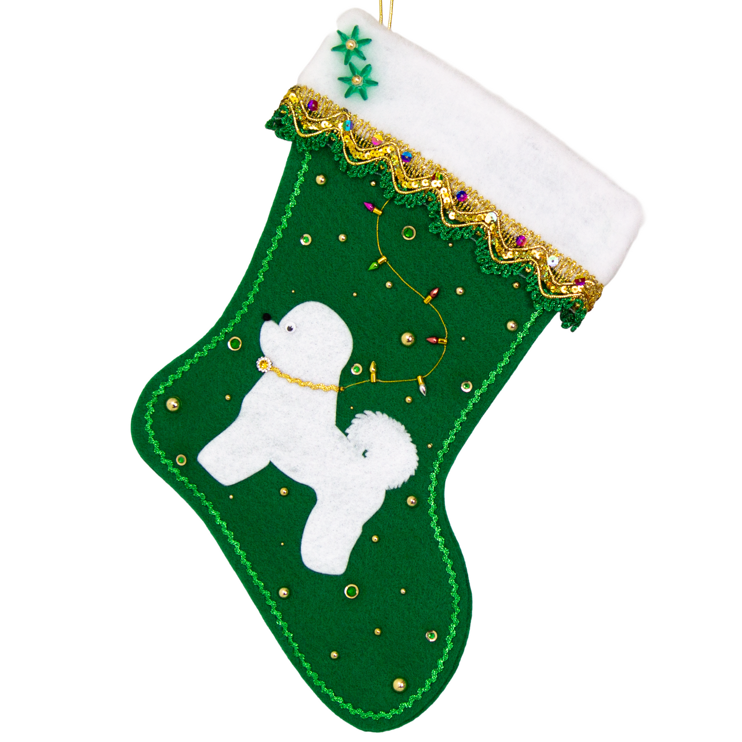 Bichon Frise dog in white felt Christmas stocking on holiday green felt with fancy gold trim, a string of "lights" and decorations in green and gold. (Front of stocking)