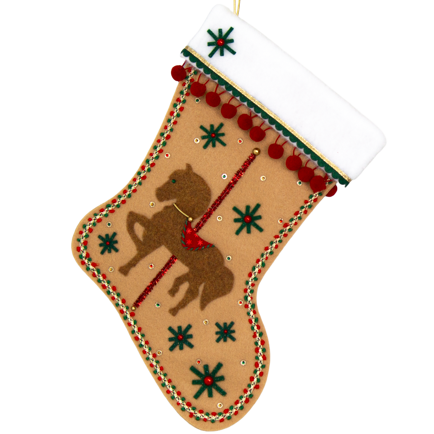 Copper felt horse on tan felt handmade Christmas stocking with pom poms, felt starbursts, tinsel pipe cleaner pole and decorated in red, dark green & gold. (front of Carousel Horse stocking)