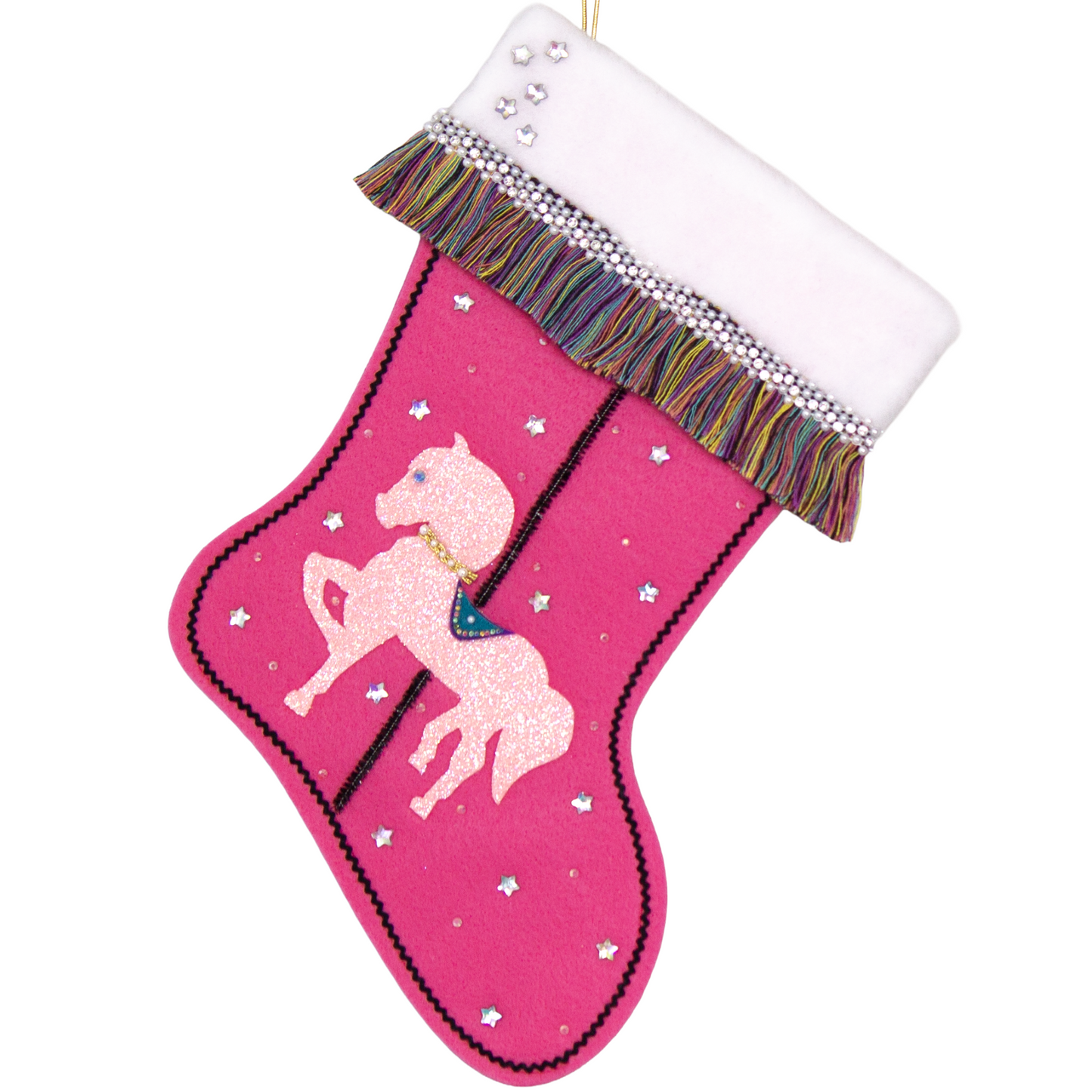 Light pink glittered horse on candy pink felt handmade Christmas stocking with multicolor fringe, star rhinestones, tinsel pipe cleaner pole and decorations in white, clear, holographic, turquoise, purple, black & gold. (front of Carousel Horse stocking)