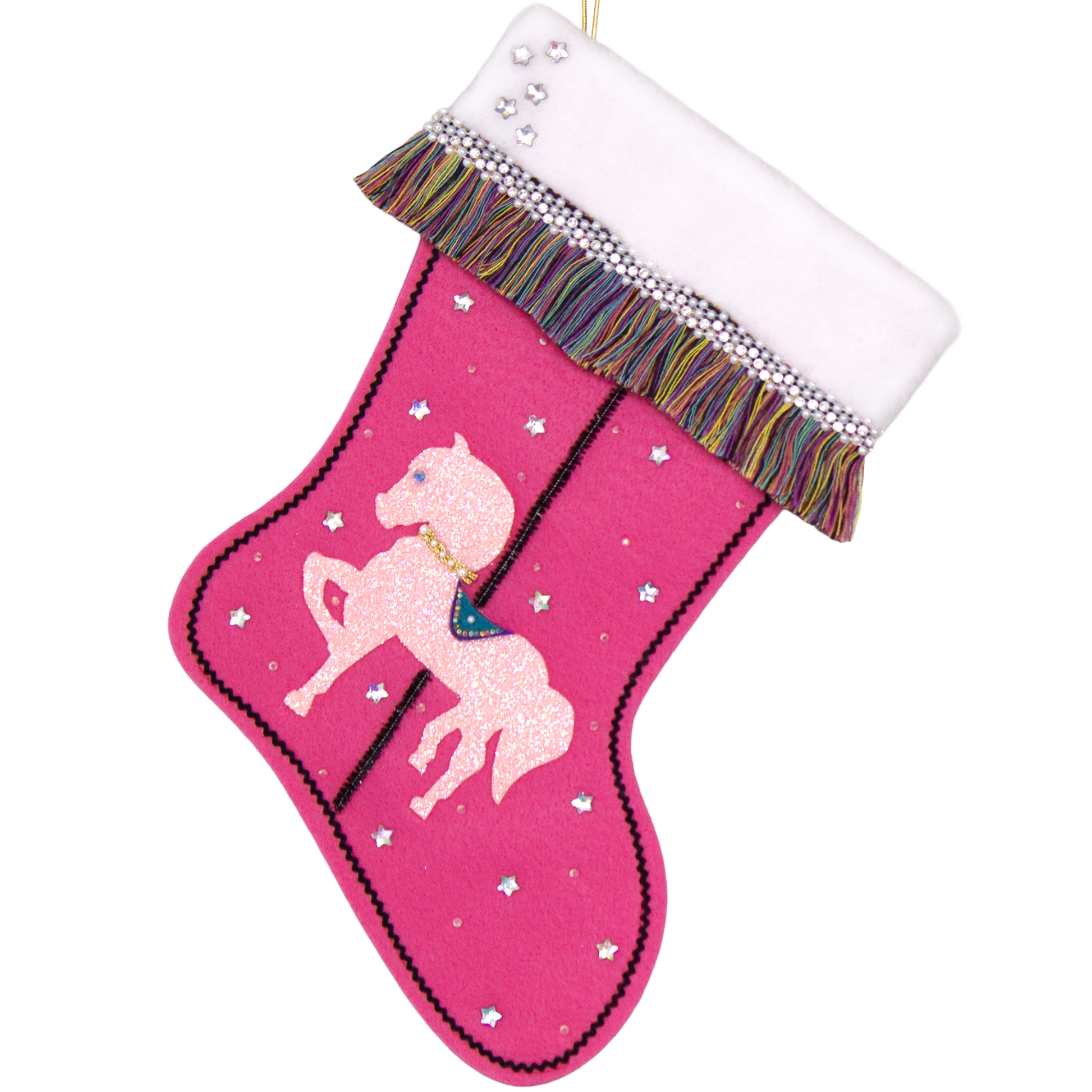 Light pink glittered horse on candy pink felt handmade Christmas stocking with multicolor fringe, star rhinestones, tinsel pipe cleaner pole and decorations in white, clear, holographic, turquoise, purple, black & gold. (front of Carousel Horse stocking)