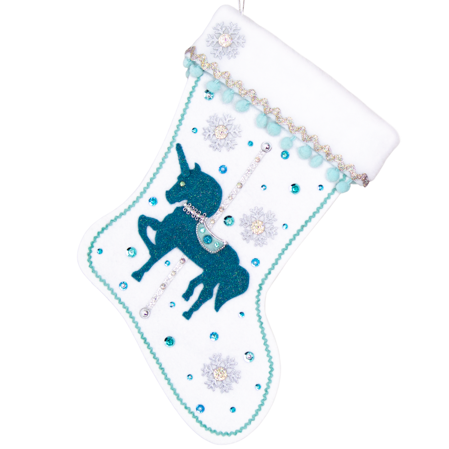 Turquoise felt glittered unicorn on a white glitter felt handmade Christmas stocking with pom poms, snowflake buttons and decorations in aqua, turquoise, white & silver. (front of Carousel Unicorn stocking)