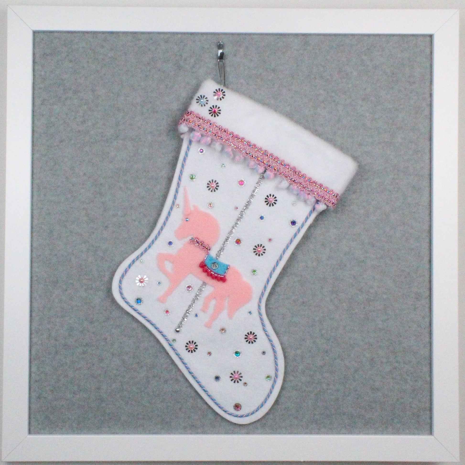 Light pink carousel unicorn on white glitter felt handmade OOAK Christmas stocking with pink, blue and silver decorations