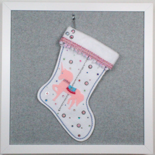 Light pink carousel unicorn on white glitter felt handmade OOAK Christmas stocking with pink, blue and silver decorations