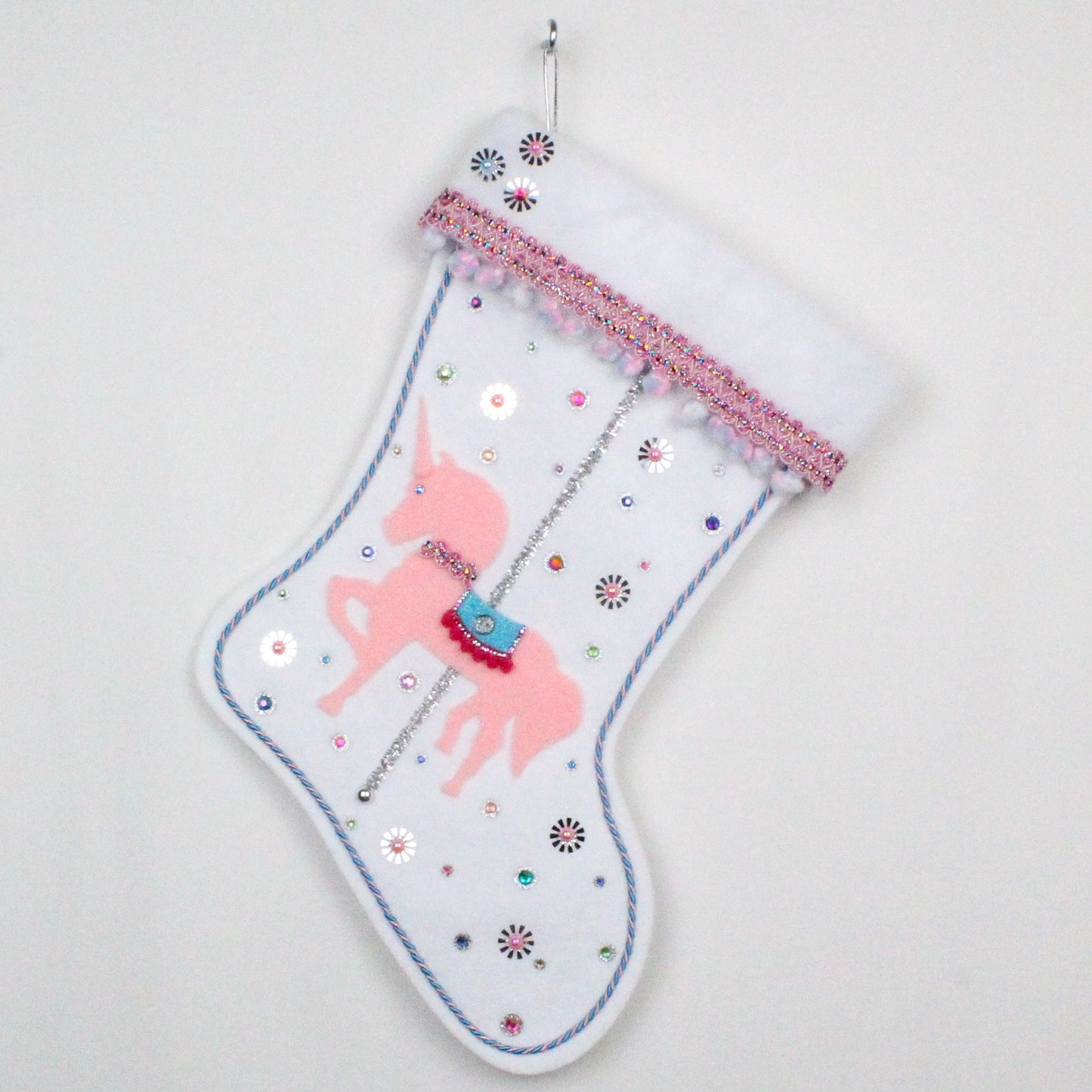 Pink Carousel Unicorn on white felt Christmas stocking