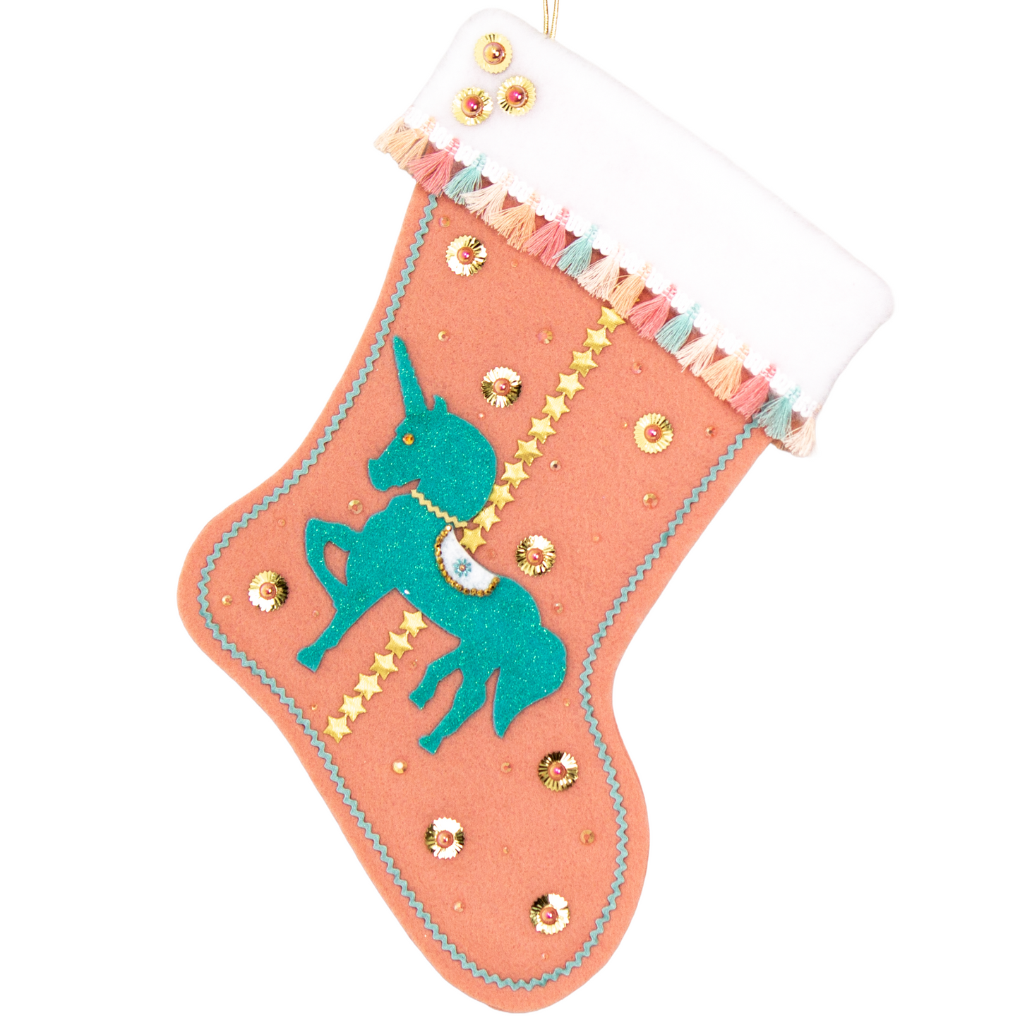 Aqua glittered unicorn on coral felt handmade Christmas stocking with tassel fringe, stars, sunburst sequins and decorated in gold, coral, aqua & multicolored pastels. (front of Carousel Unicorn stocking)