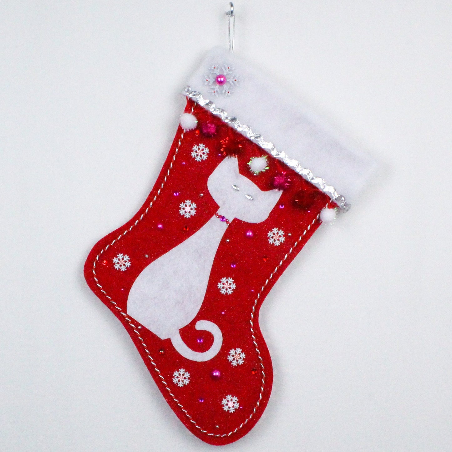 Sparkly white cat on red felt Christmas stocking