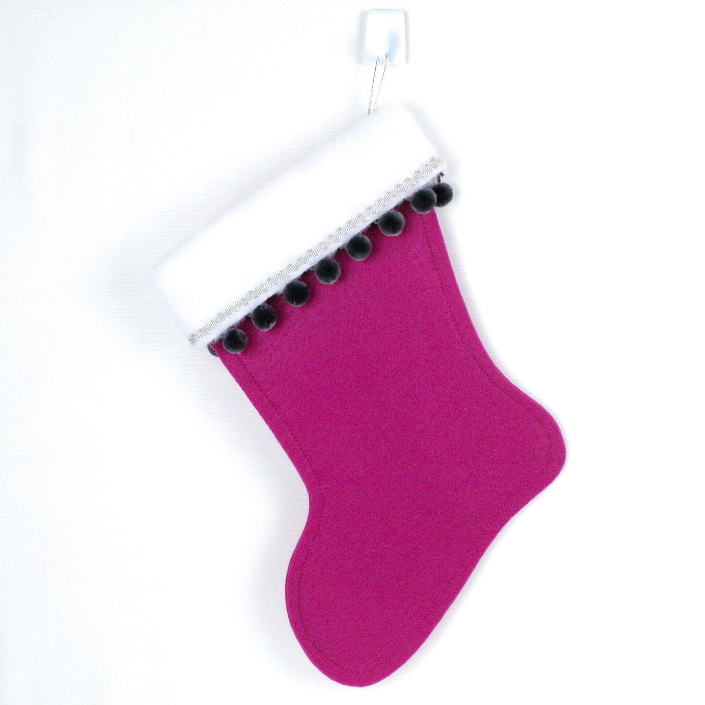 Gray cat on fuchsia felt Christmas stocking