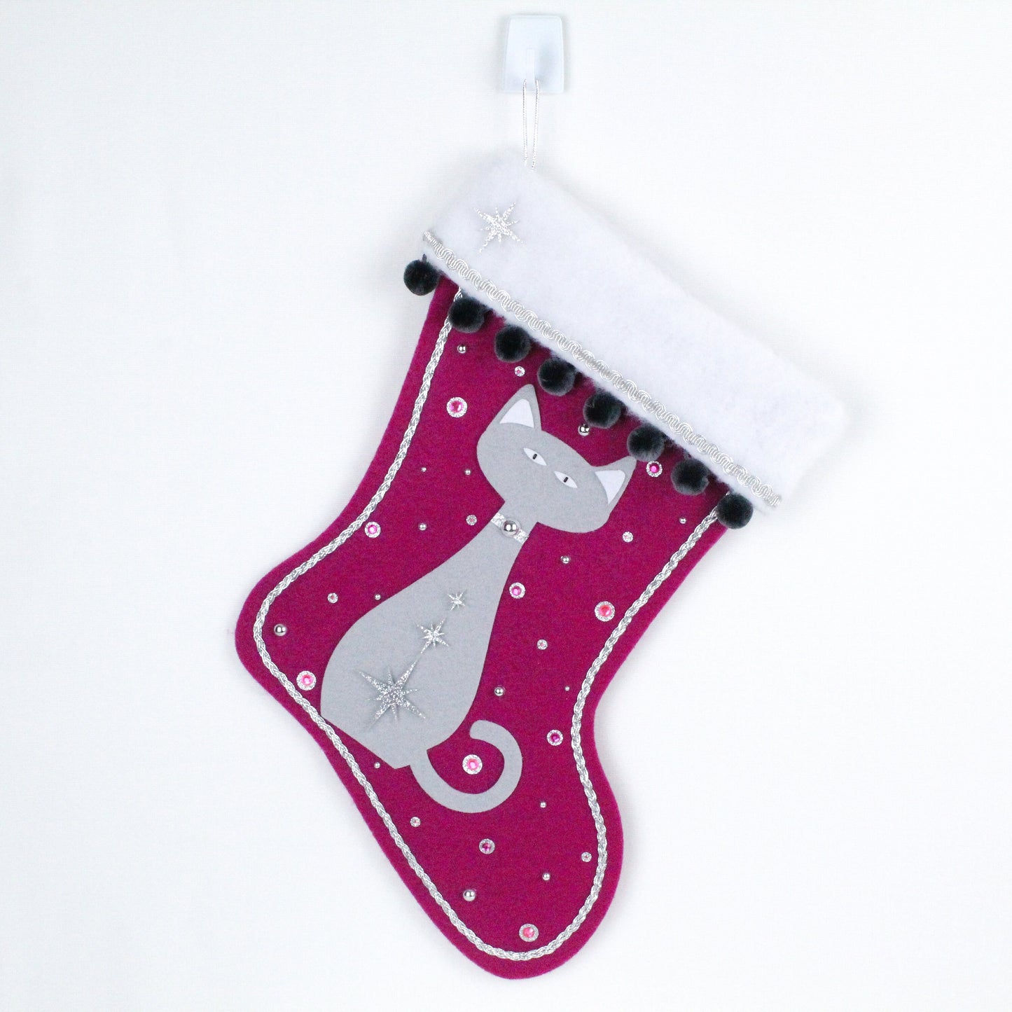 Gray cat on fuchsia felt Christmas stocking