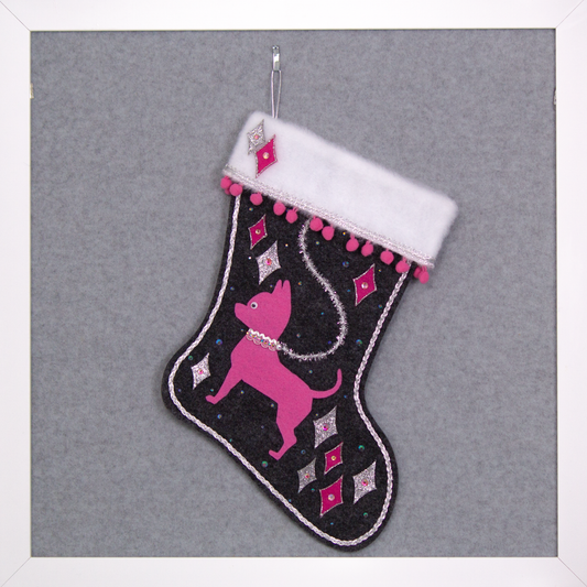 Candy pink short hair Chihuahua dog on charcoal gray felt handmade Christmas stocking with felt diamonds, pom poms and decorations in hot pink, candy pink, clear holographic and silver. (front of stocking)