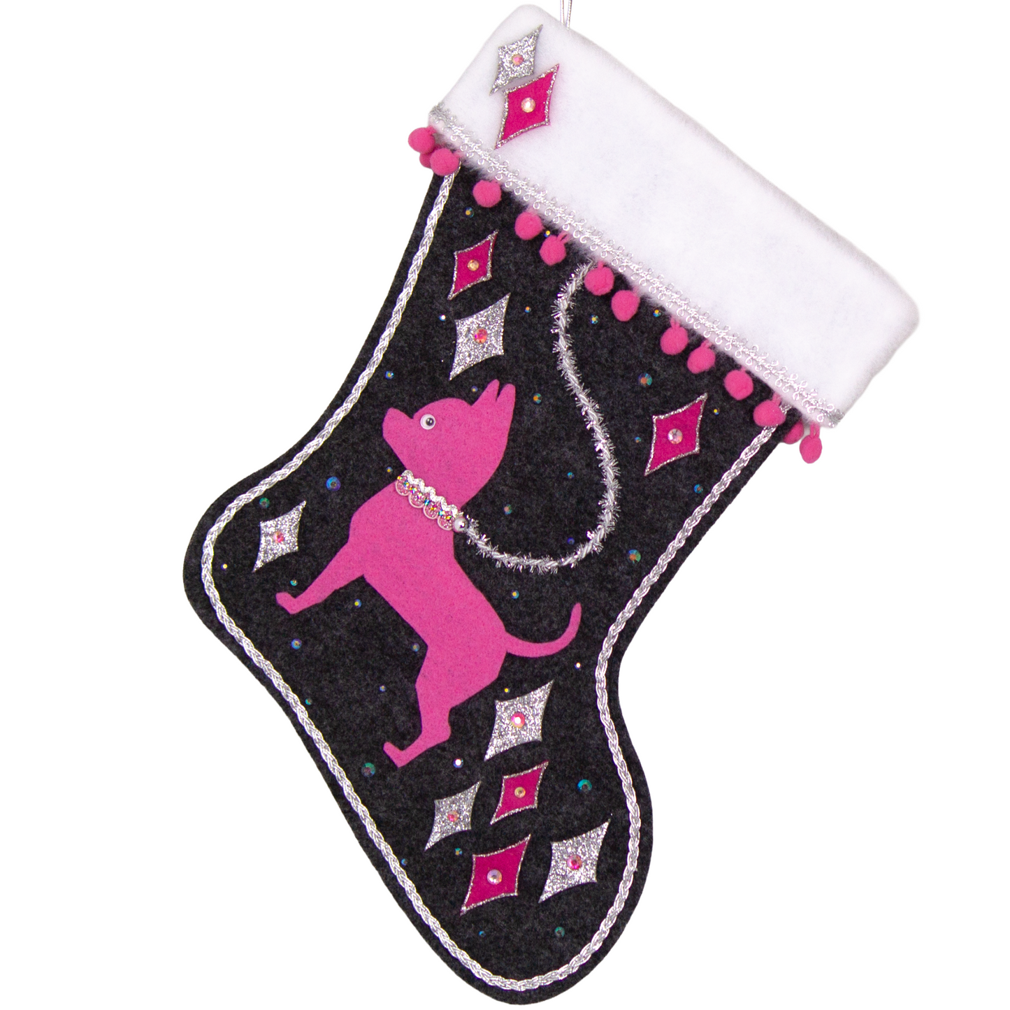 Candy pink short hair Chihuahua dog on charcoal gray felt handmade Christmas stocking with felt diamonds, pom poms and decorations in hot pink, candy pink, clear holographic and silver. (front of stocking)