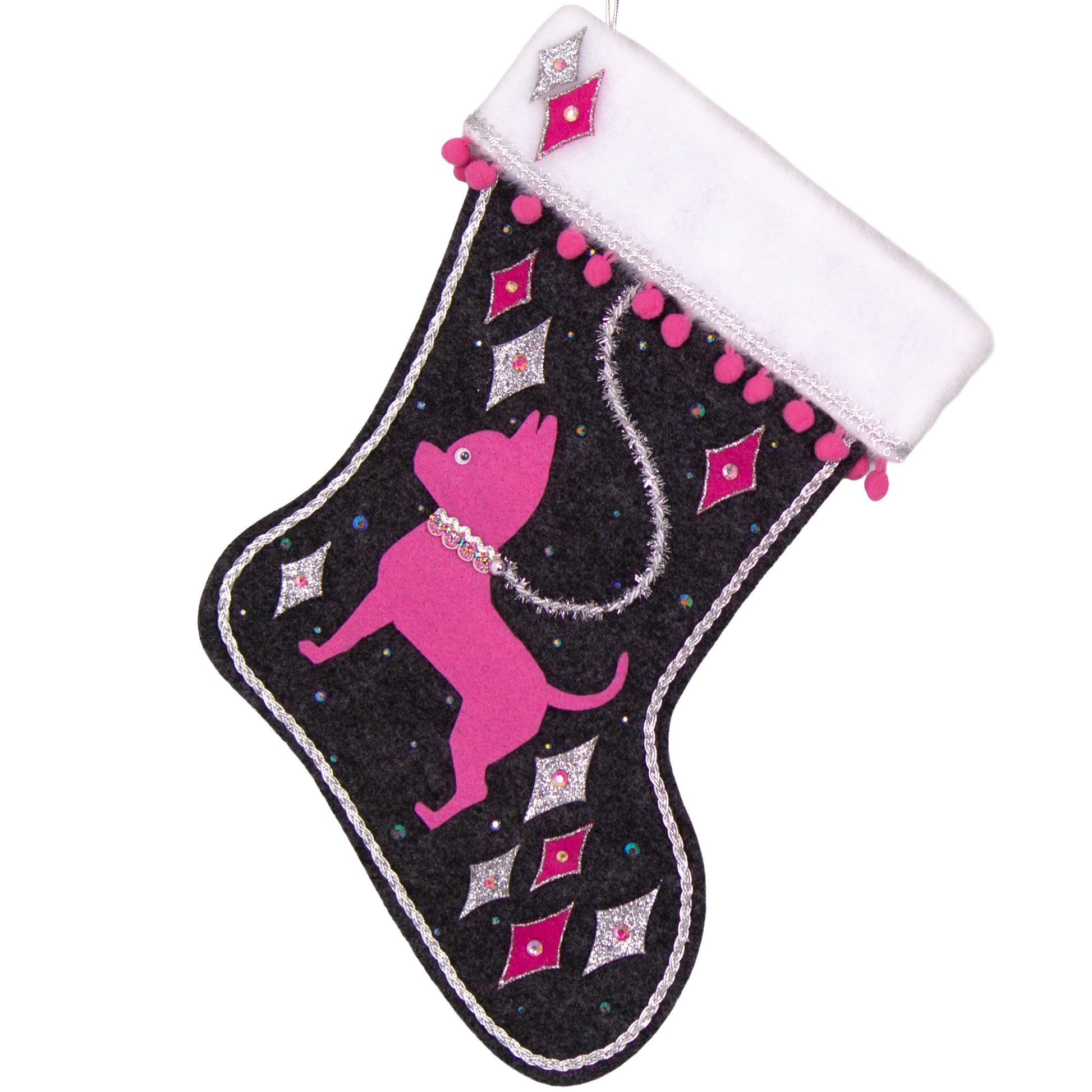 Candy pink short hair Chihuahua dog on charcoal gray felt handmade Christmas stocking with felt diamonds, pom poms and decorations in hot pink, candy pink, clear holographic and silver. (front of stocking)