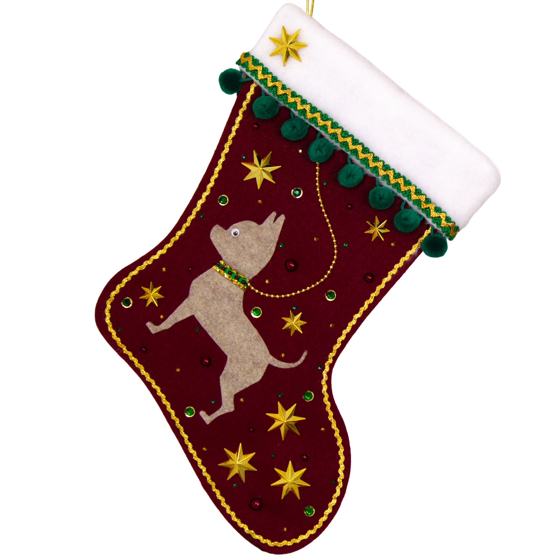 Sandstone short hair Chihuahua dog on ruby red felt handmade Christmas stocking with pom poms, stars and decorated in green, dark red and gold. (front of stocking)