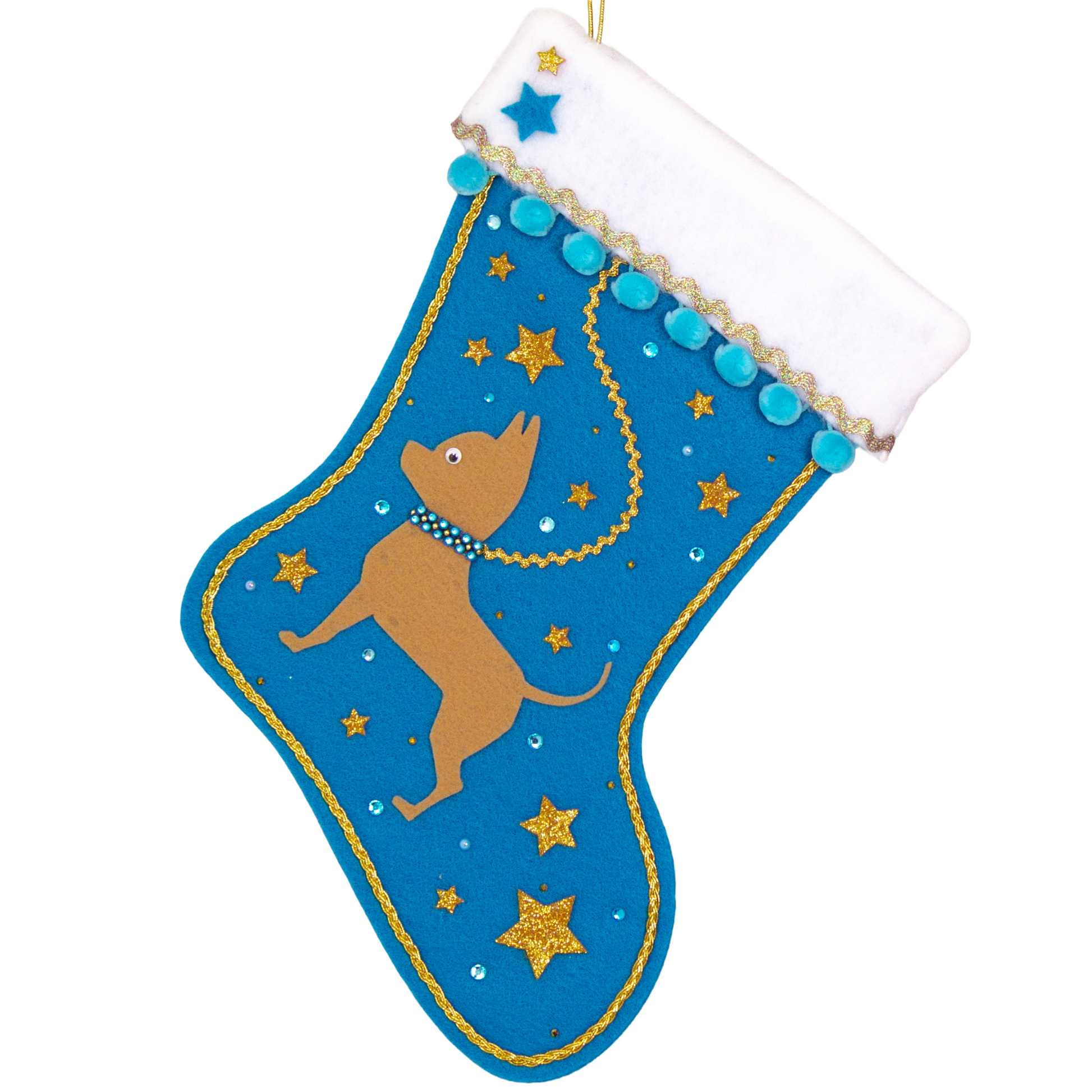 Tan short hair Chihuahua dog on peacock blue felt Christmas stocking with pom poms, glitter stars and decorations in blue and gold. (front of stocking)