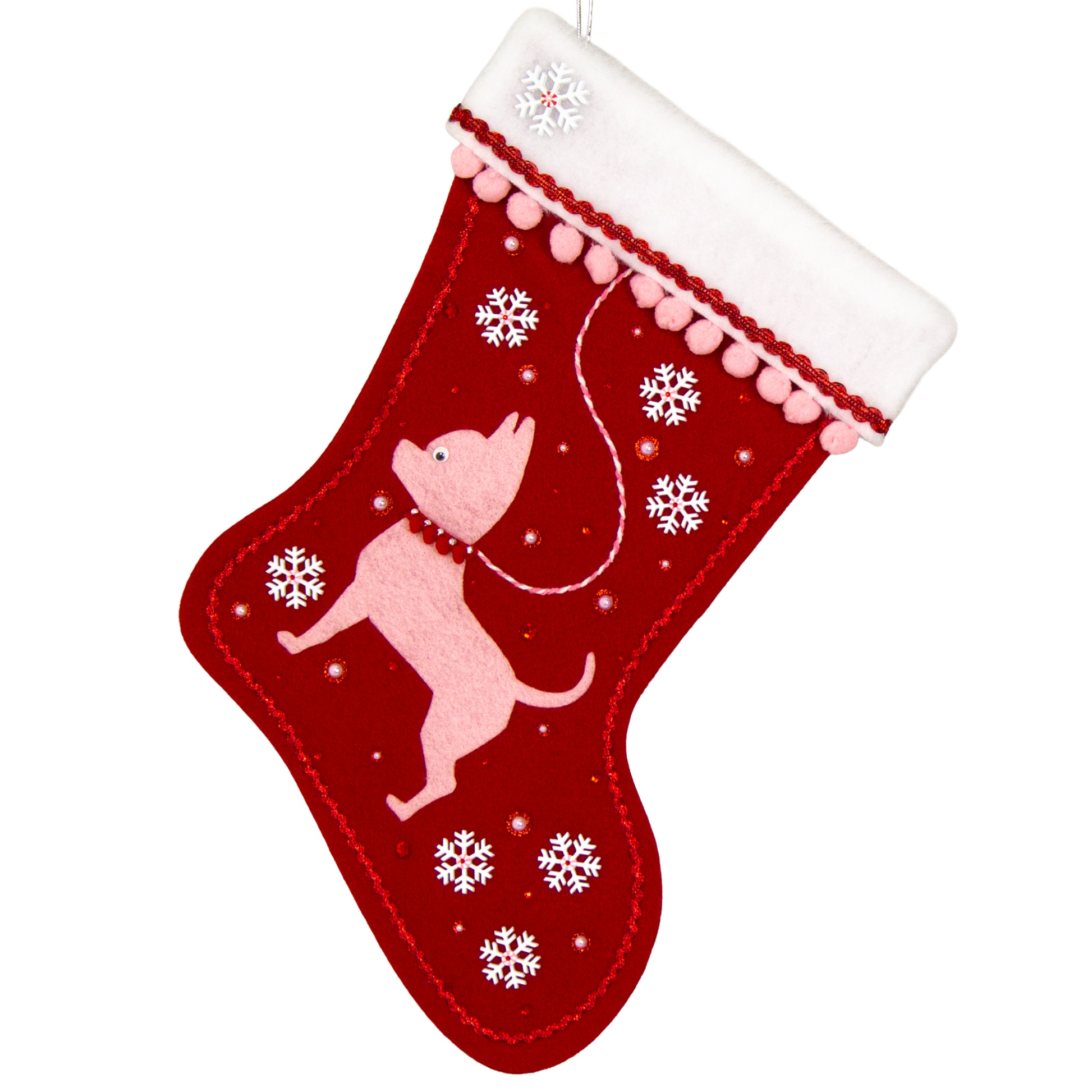 Light pink short hair Chihuahua dog felt Christmas stocking on red felt with snowflakes, pom poms and decorations in white, pink and red. (front of stocking)
