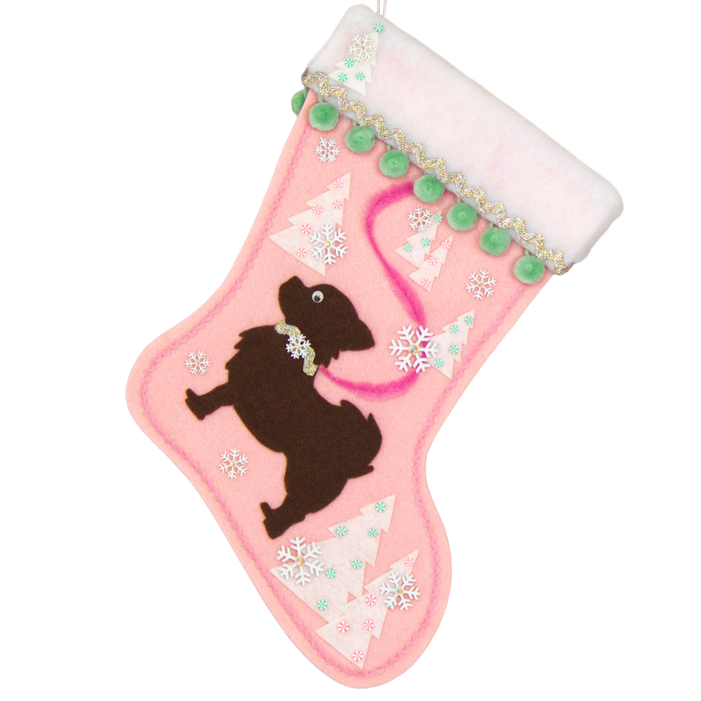 Chocolate brown long hair Chihuahua dog silhouette on a light pink felt Christmas stocking with pom poms, trees, snowflakes and decorations in mint green, pink, white and silver. (front of stocking)