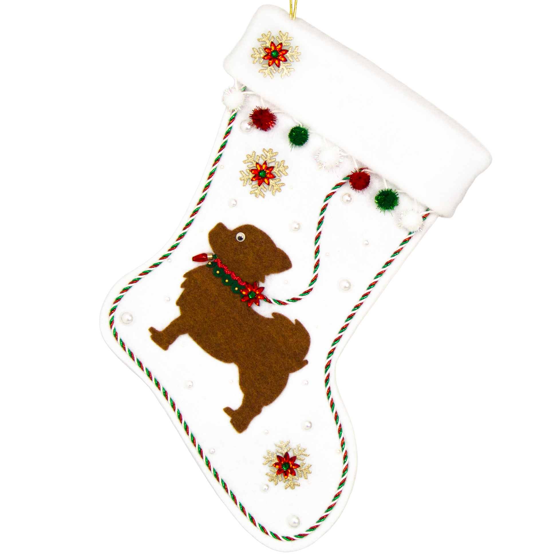 White glitter Christmas stocking with copper long hair Chihuahua small dog silhouette with sparkly pom poms, gold snowflakes, rhinestone poinsettias and decorations in green, red and gold. (front of stocking)