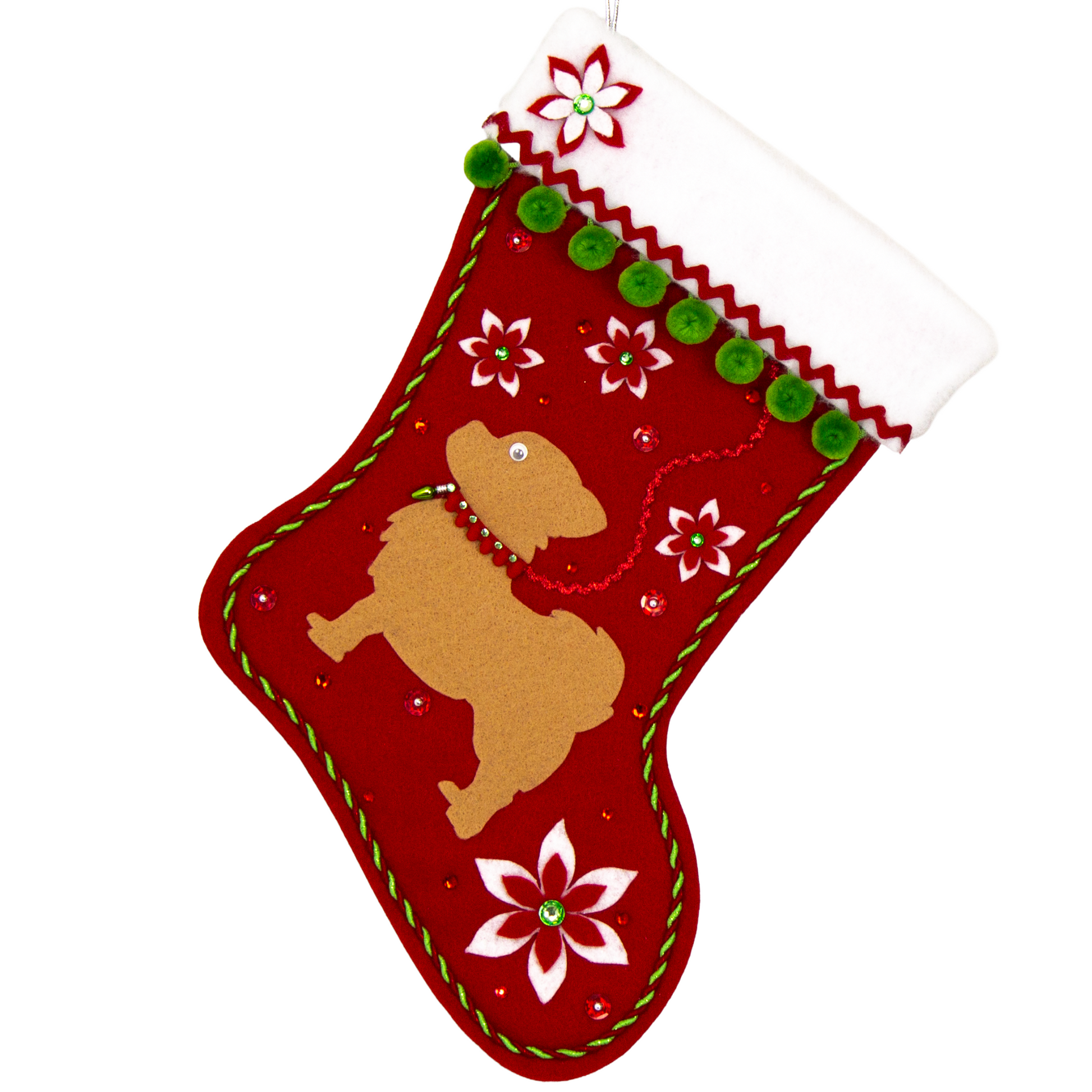 Red glitter Christmas stocking with tan long hair Chihuahua small dog silhouette with pom poms, felt poinsettias and decorations in green, red and silver. (front of stocking)