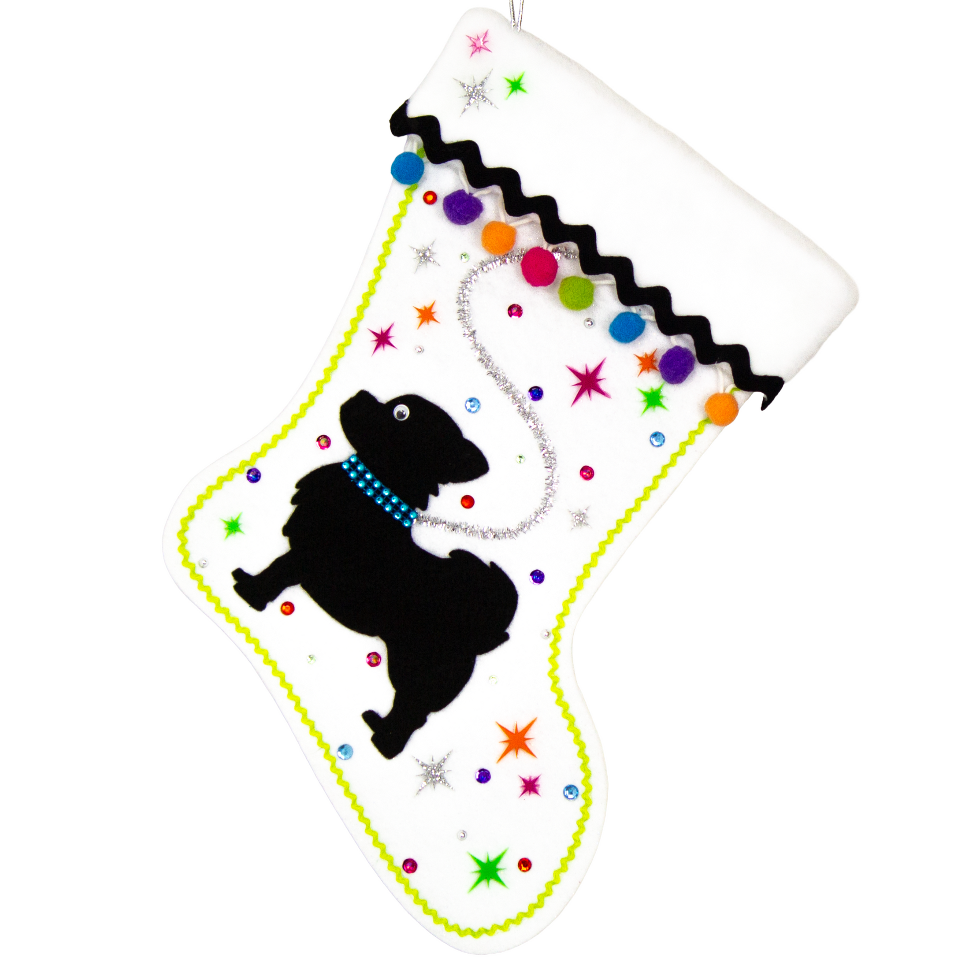 White glitter Christmas stocking with black long hair Chihuahua small dog silhouette with pom poms, starbursts and decorations in black, silver, hot pink, lime green, orange, purple and blue. (front of stocking)