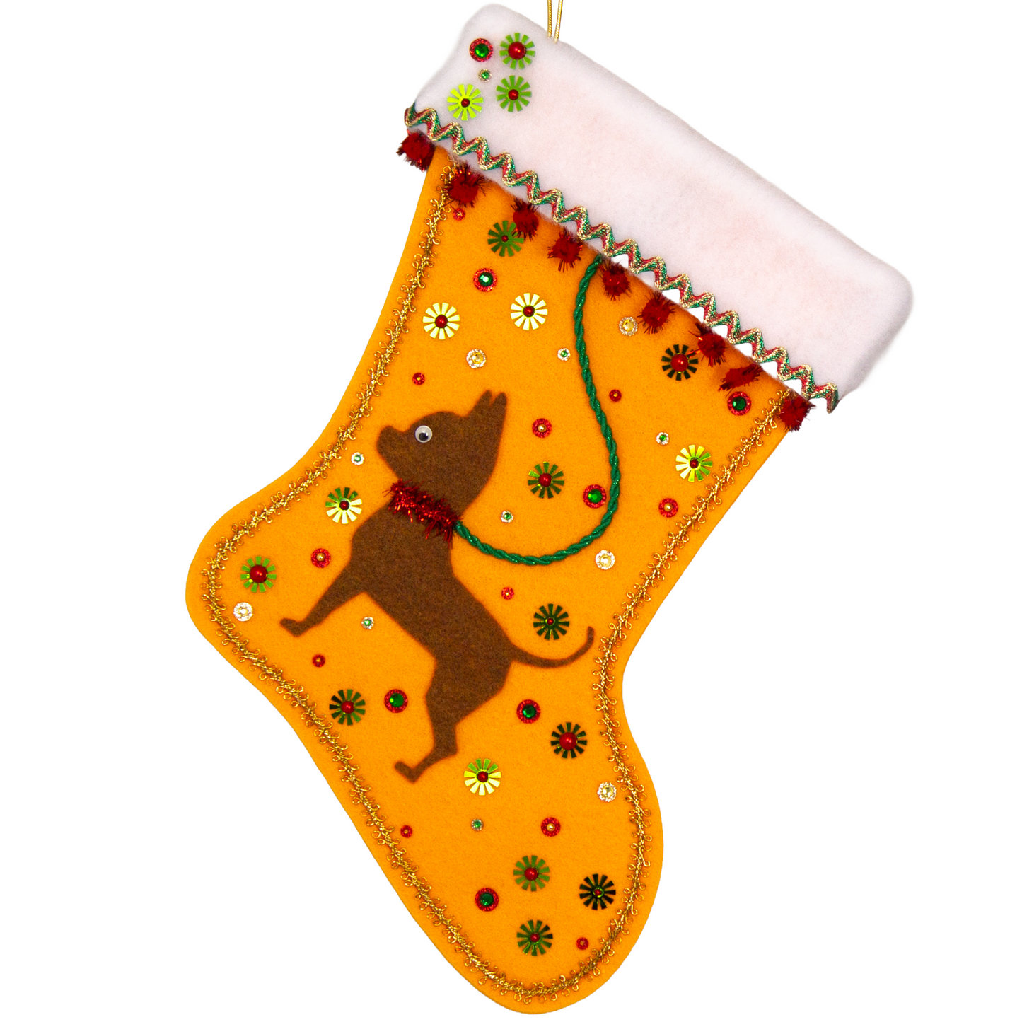 Copper short hair Chihuahua dog on Gold felt handmade Christmas stocking with sparkly pom poms, flower sequins and decorations in green, red and gold. (front of stocking)