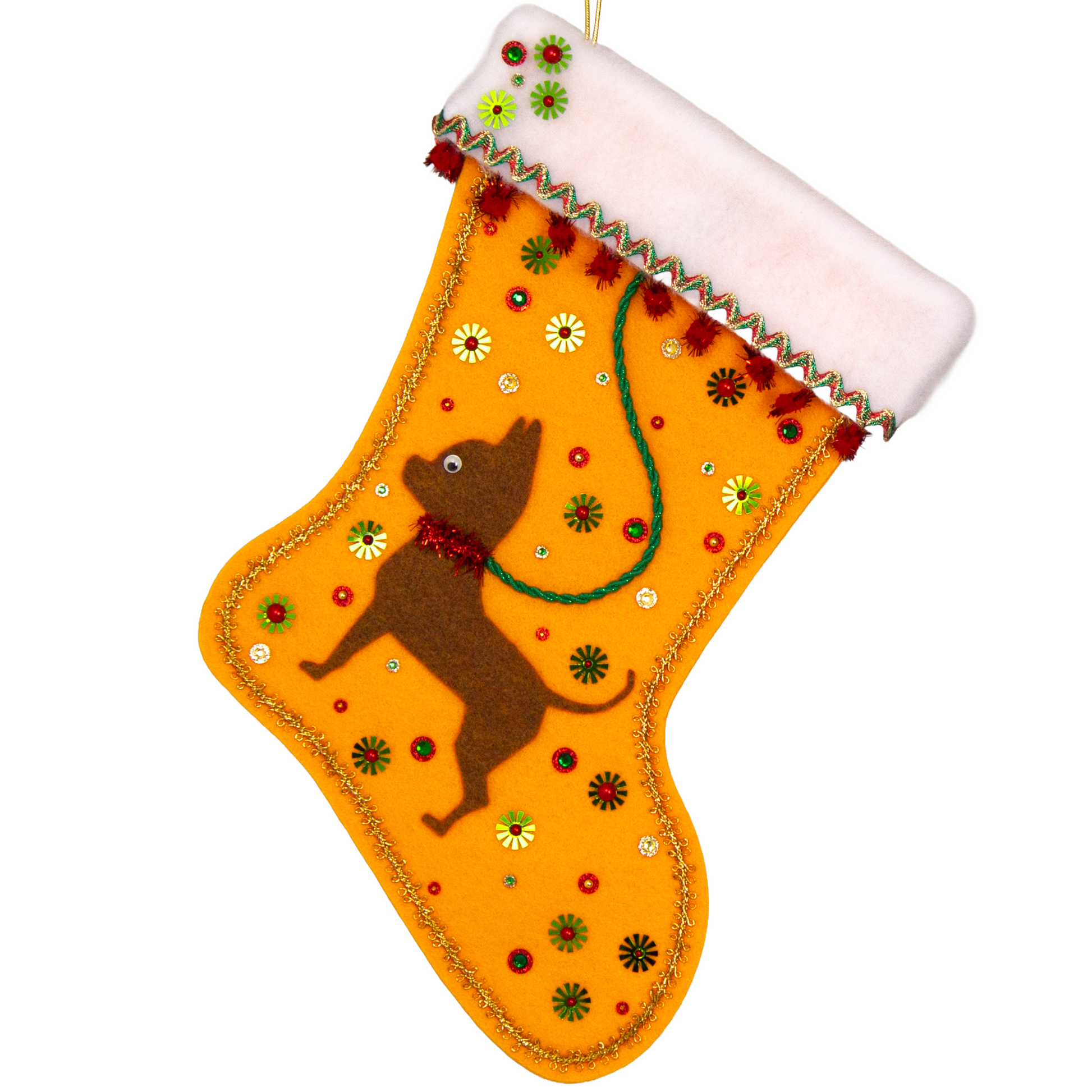 Copper short hair Chihuahua dog on Gold felt handmade Christmas stocking with sparkly pom poms, flower sequins and decorations in green, red and gold. (front of stocking)