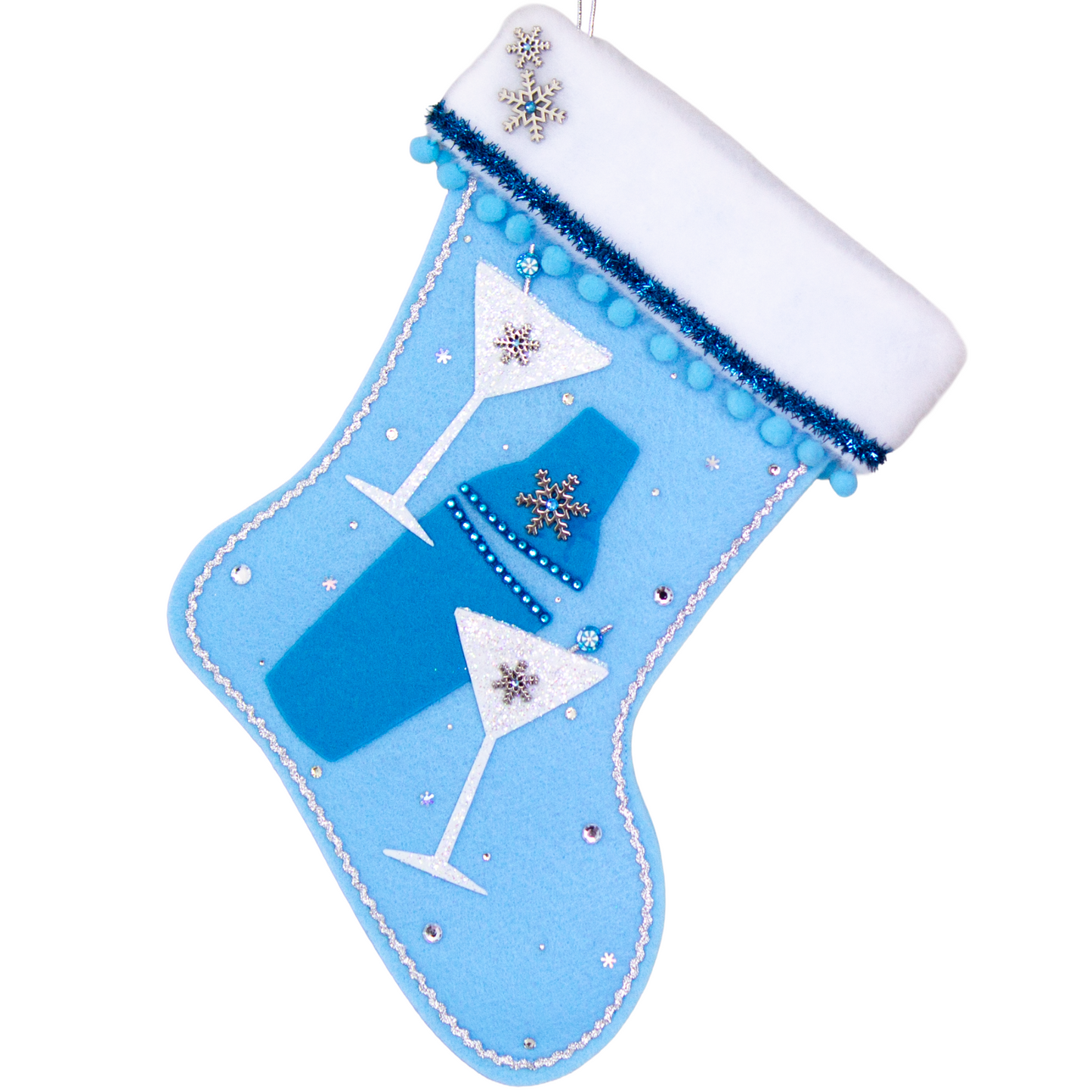 Blue felt shaker, chunky glitter painted white felt martini glasses on light blue felt handmade Christmas stocking with snowflake buttons, pom poms, tinsel ribbon and decorations in blues, white, clear & silver. (front of Cocktail stocking)