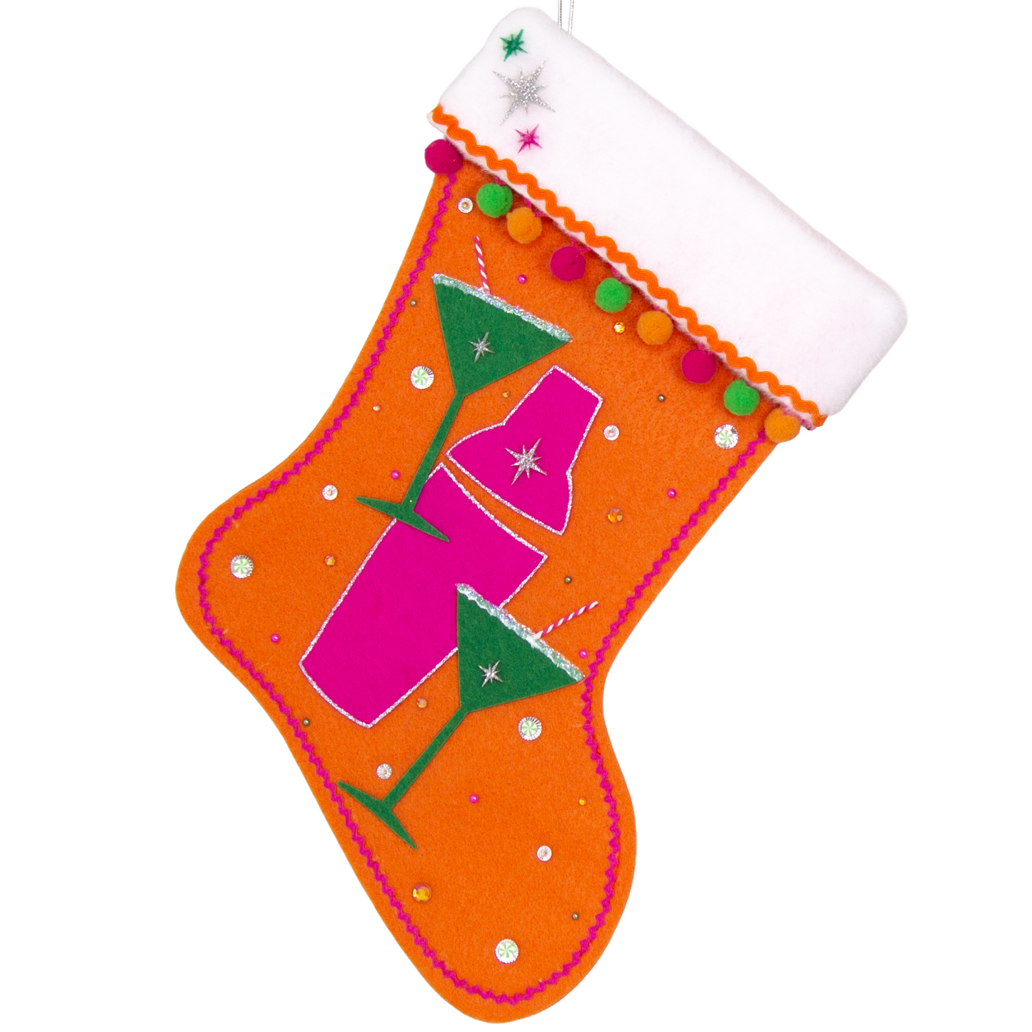 Holiday green felt martini glasses, silver glitter outlined hot pink felt shaker on orange felt handmade Christmas stocking with pom poms, acrylic starbursts and decorated in hot pink, green, orange & silver. (front of Cocktail stocking)