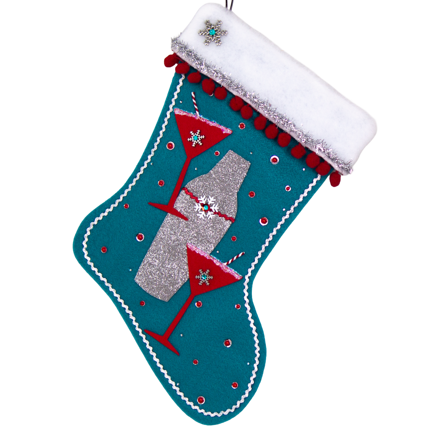 Holiday red felt martini glasses, silver glitter painted gray felt shaker on turquoise felt handmade Christmas stocking with snowflake buttons, pom poms, tinsel ribbon and decorated in  red, turquoise, white & silver. (front of Cocktail stocking)