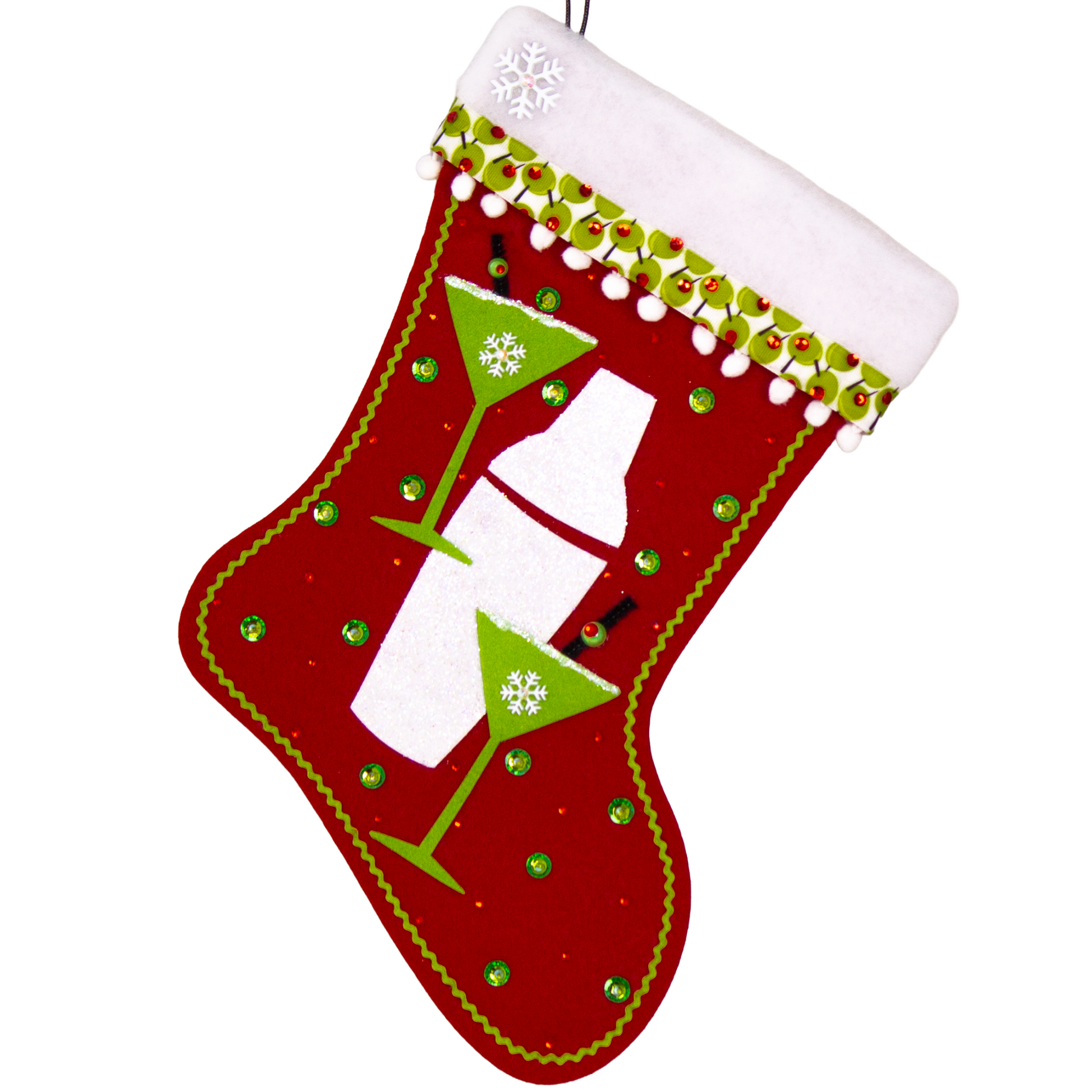 Glitter painted lime green felt martini glasses, chunky glitter painted white felt shaker on a holiday red felt handmade Christmas stocking with snowflake buttons, pom poms, olive ribbon and decorated in green, red, white, black & silver. (front of Cocktail stocking)