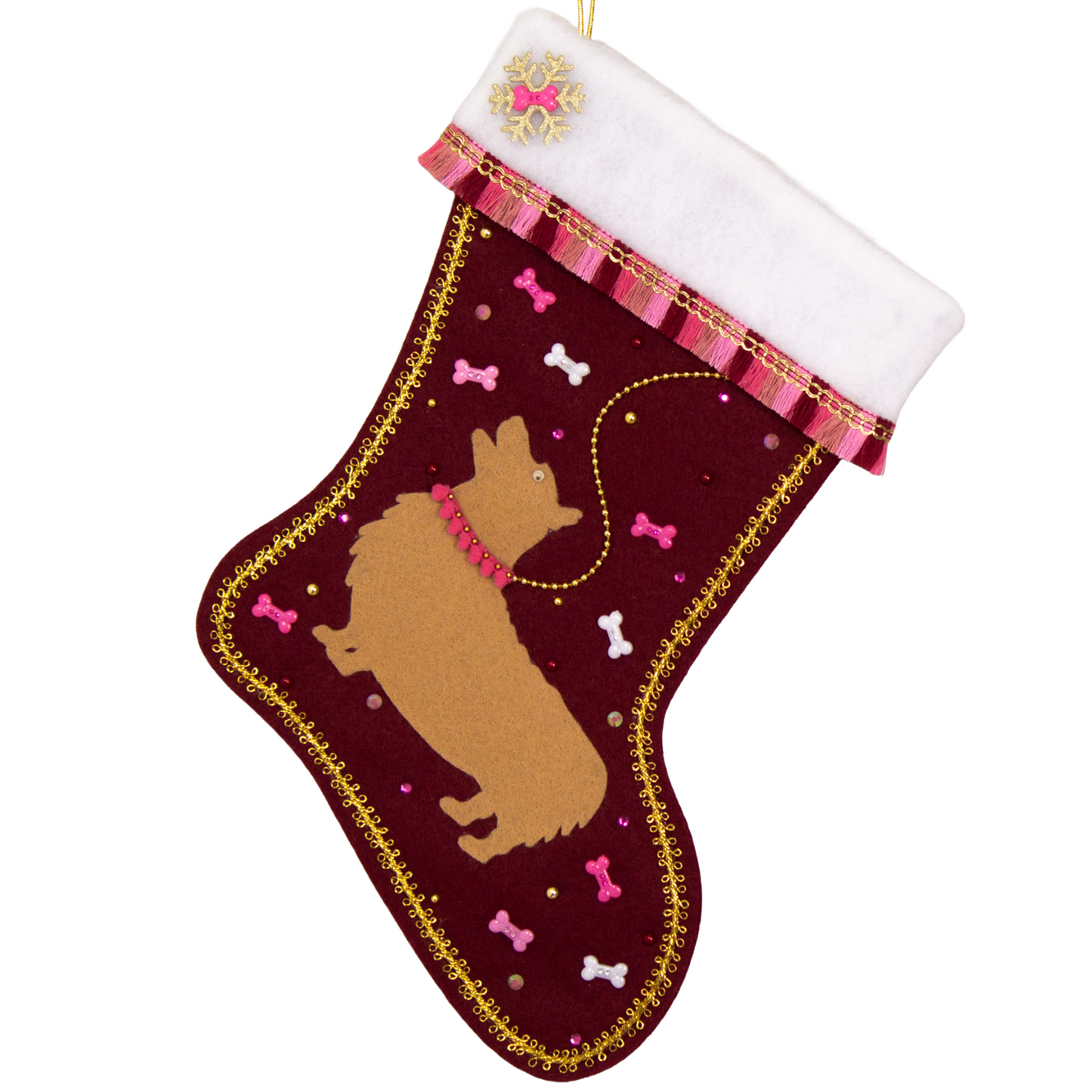 Tan Corgi dog on ruby red felt Christmas stocking with fringe, dog bones and decorations in gold, white and various pinks. (front of stocking)
