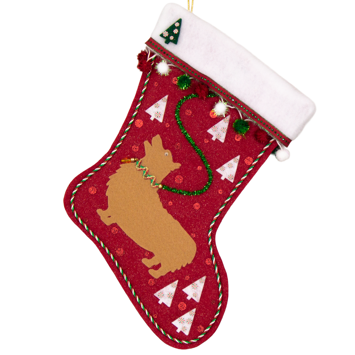 Tan Corgi on glitter red felt Christmas stocking with trees, pom poms and decorated in white, green, red and gold. (front of stocking)