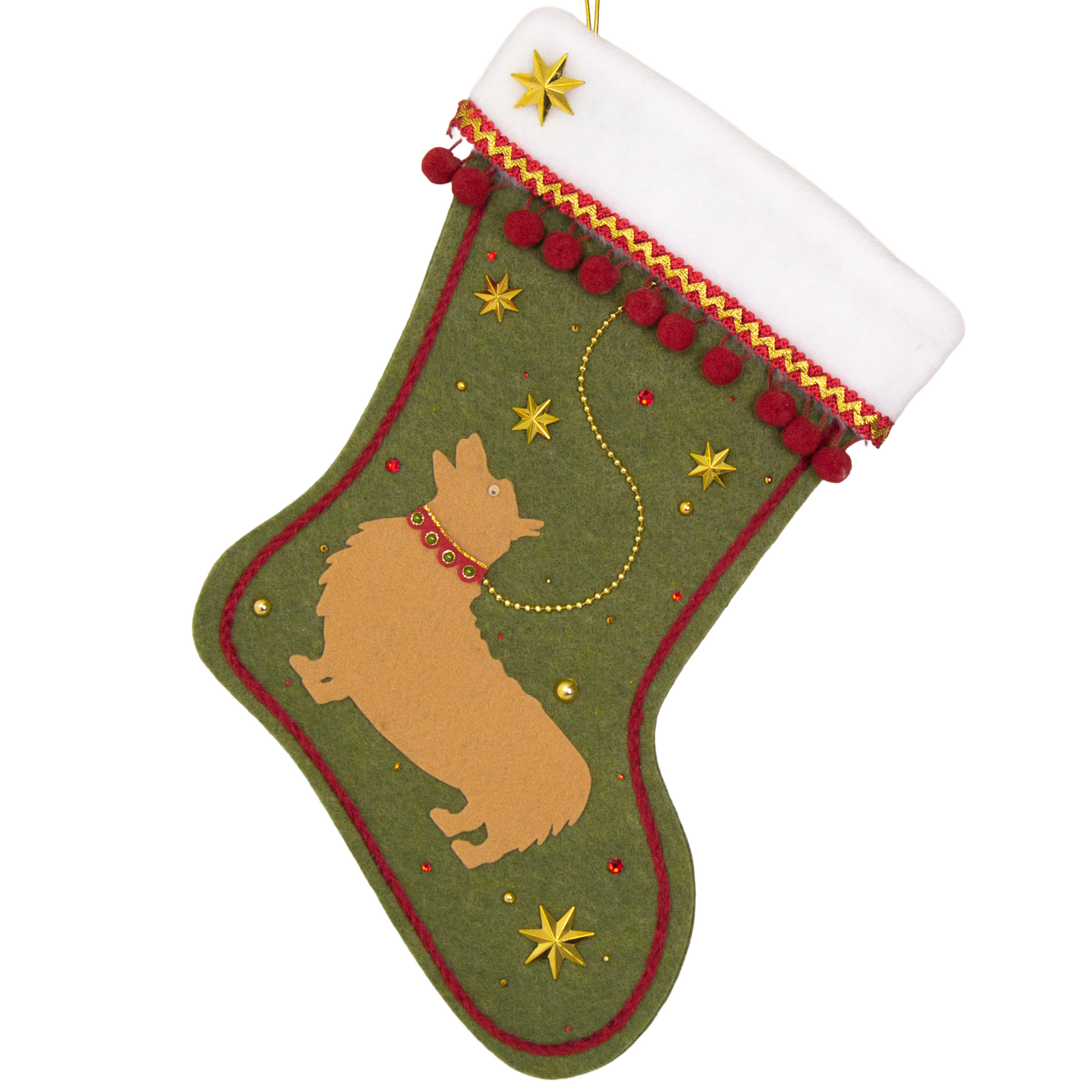 Tan Corgi dog on olive green felt Christmas stocking with stars and pom poms and decorated in gold and red. (front of stocking)