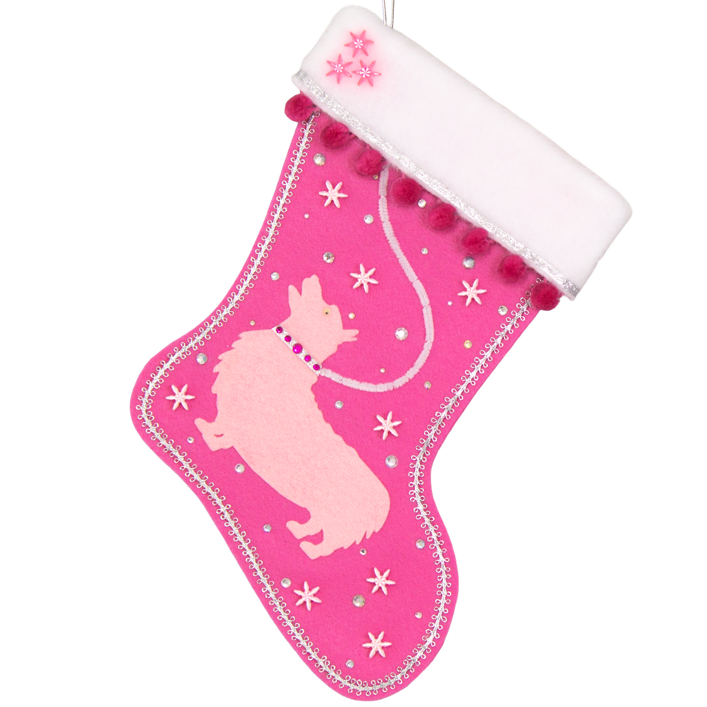Candy pink Christmas stocking with a Corgi dog design in light pink felt, with silver, white and pink decoration. (front of stocking)