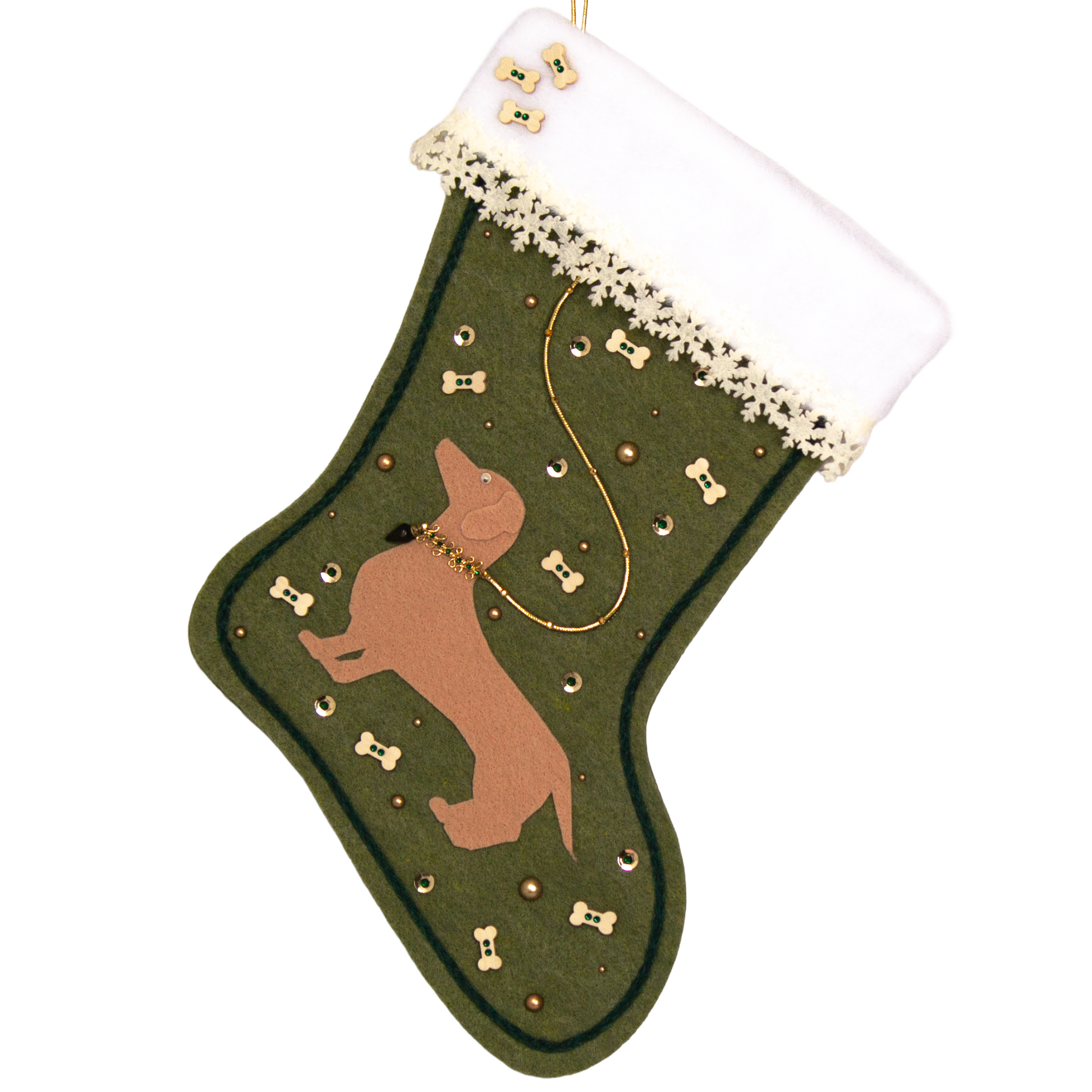 Tan Dachshund dog on olive green felt handmade Christmas stocking with laser cut felt snowflake trim, wood bone buttons and decoration in gold, cream and dark green. (front of stocking)