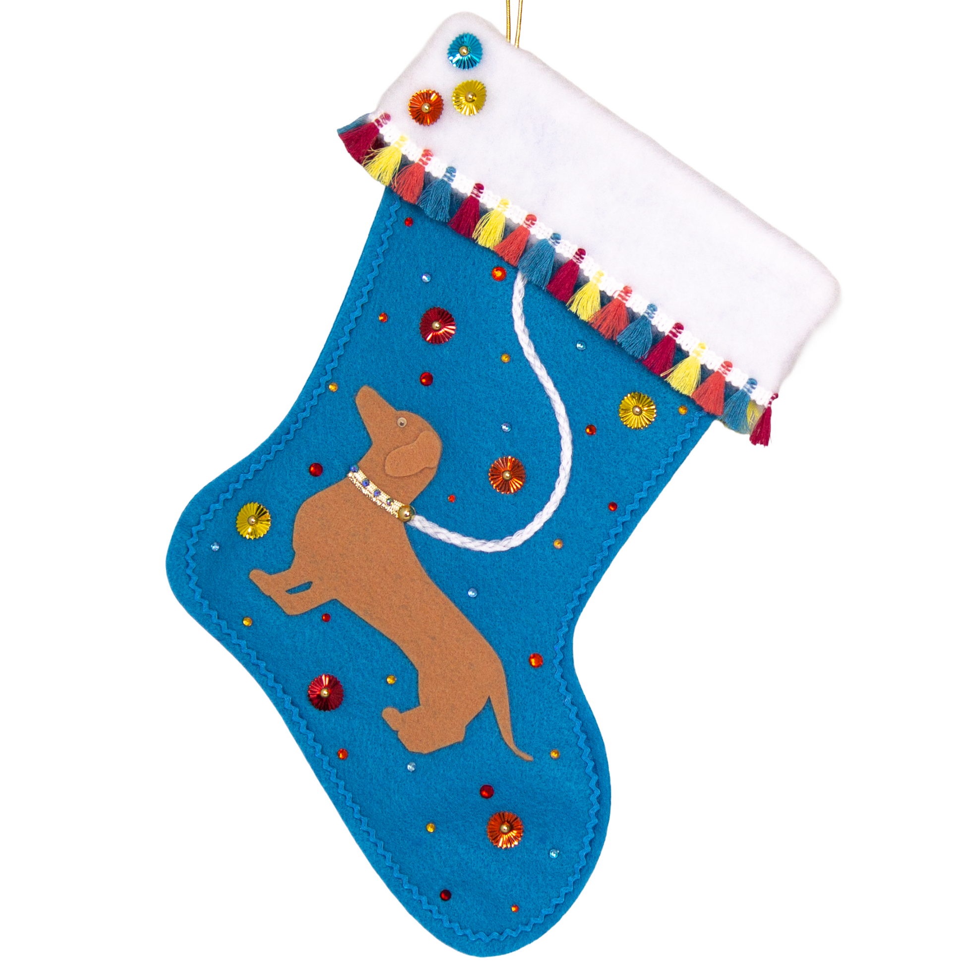 Tan Dachshund dog on peacock blue felt handmade Christmas stocking with multicolor fringe, sunburst sequins and decorated in white, blue, red, yellow, orange and gold. (front of stocking)