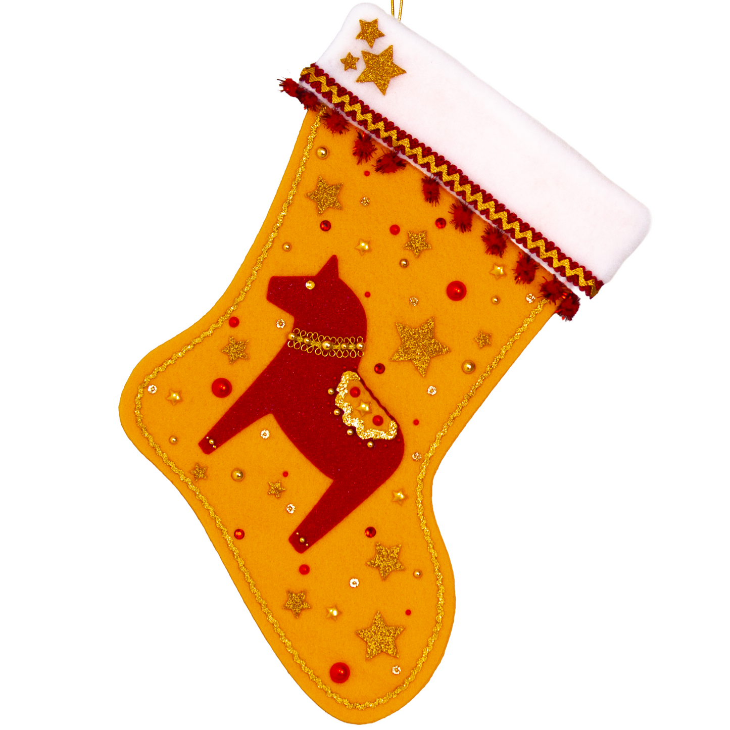Red glitter Dala horse on gold felt handmade Christmas stocking with sparkly pom poms, gold glittered felt stars and decorated in red & gold. (front of stocking)
