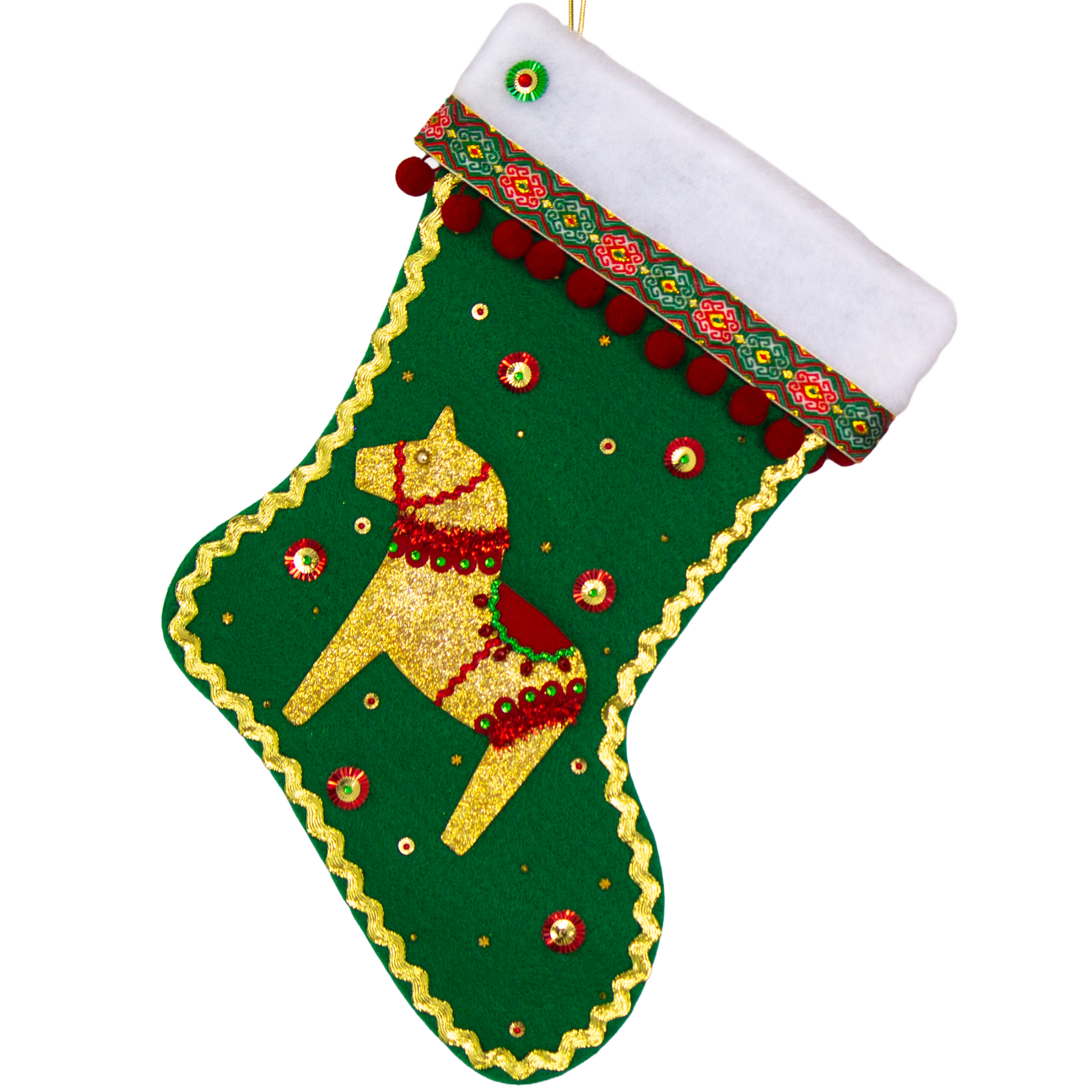 Gold glittered Dala horse on holiday green felt handmade Christmas stocking with pom poms, decorative ribbon, sunburst sequins and decorated in gold, red & green. (front of stocking)