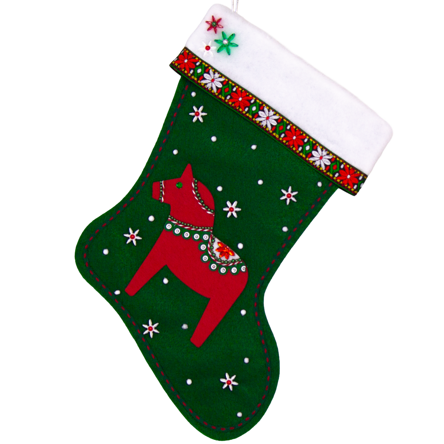 Red Dala horse on dark green felt handmade Christmas stocking with decorative ribbon, flower beads and decorated in red, green, white & silver. (front of stocking)