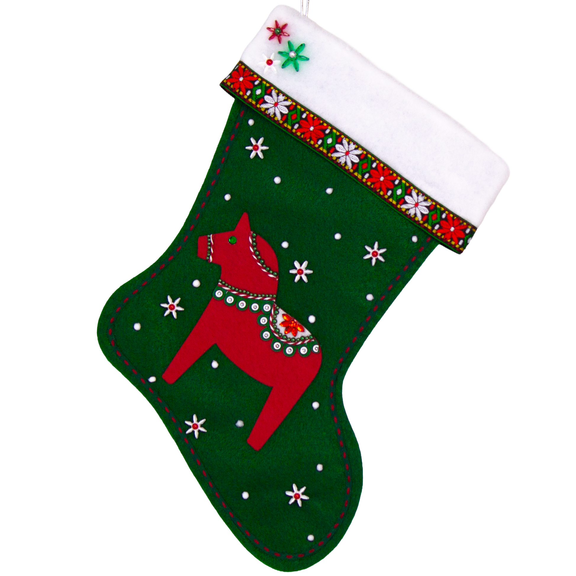 Red Dala horse on dark green felt handmade Christmas stocking with decorative ribbon, flower beads and decorated in red, green, white & silver. (front of stocking)