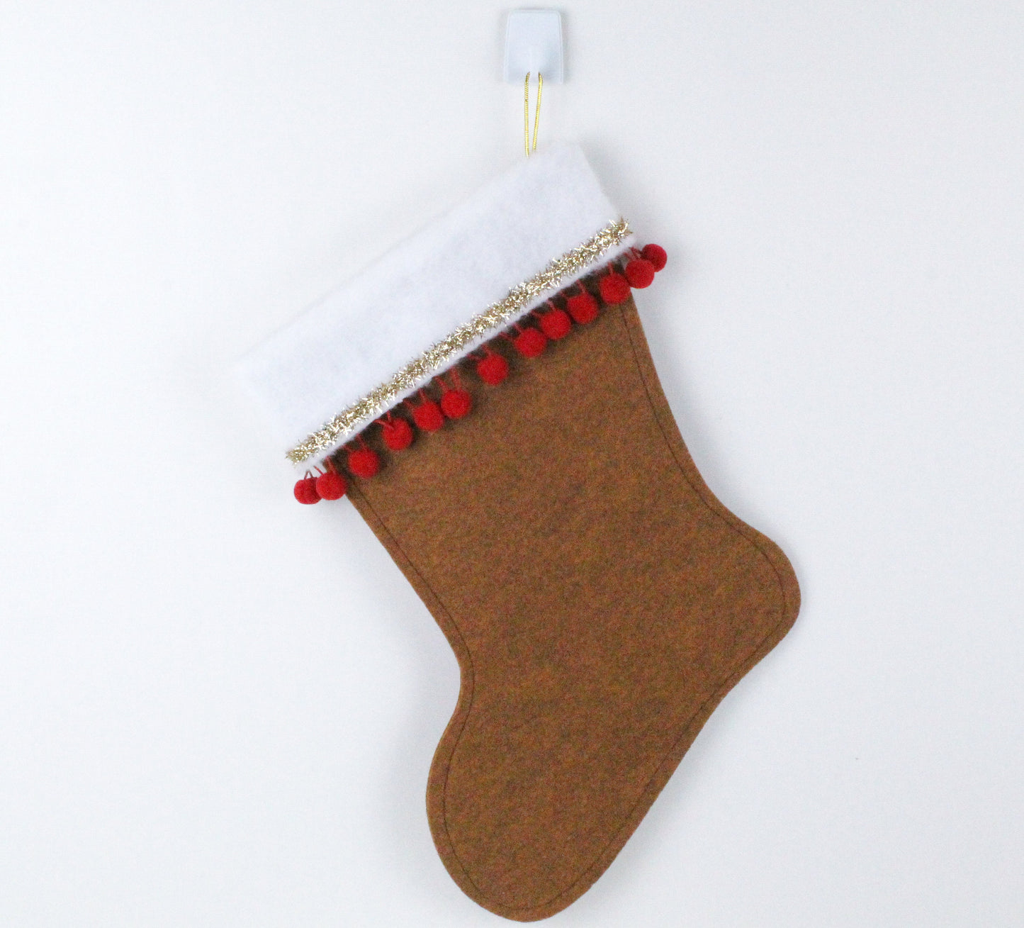 Brown Danish reindeer on copper felt Christmas stocking