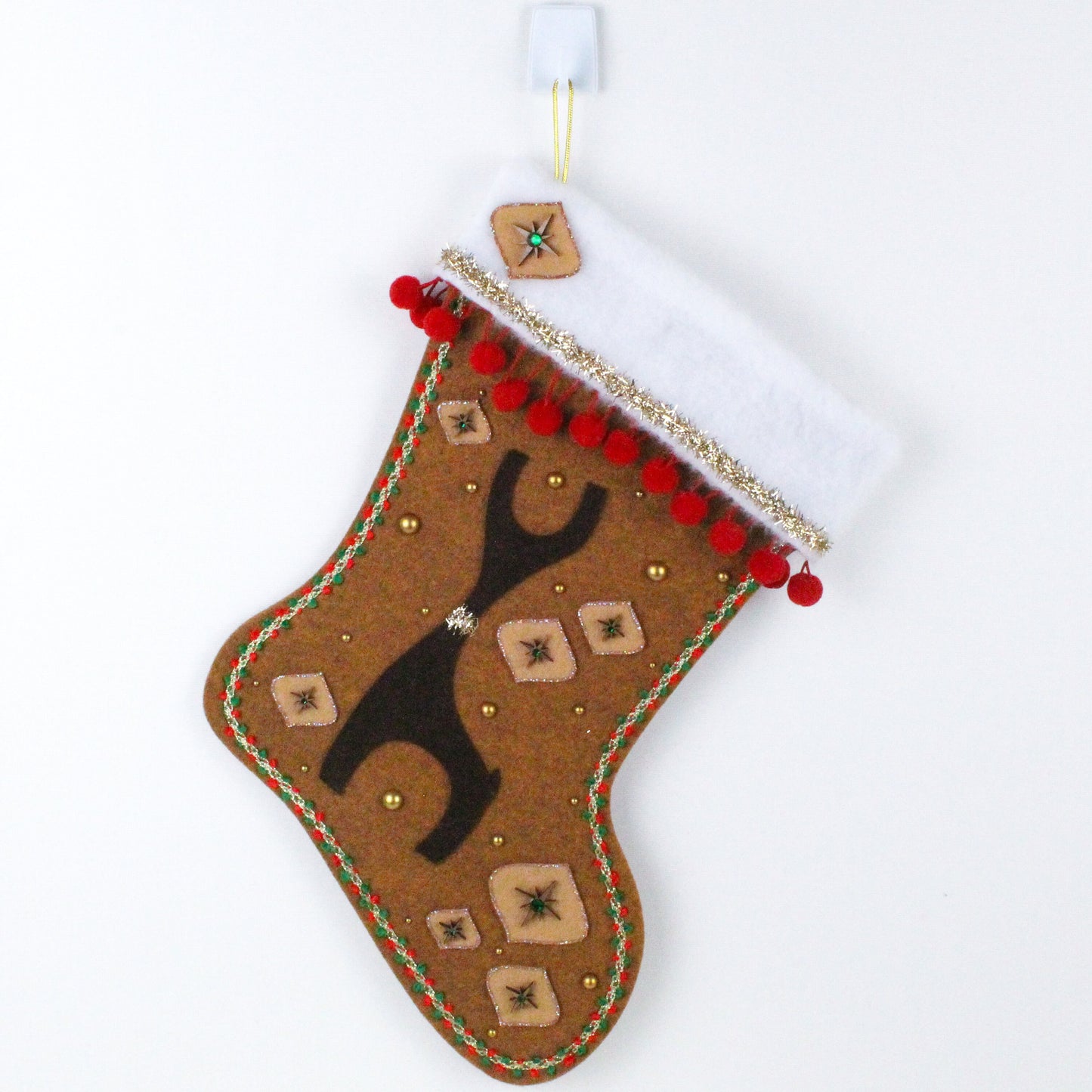 Brown Danish reindeer on copper felt Christmas stocking