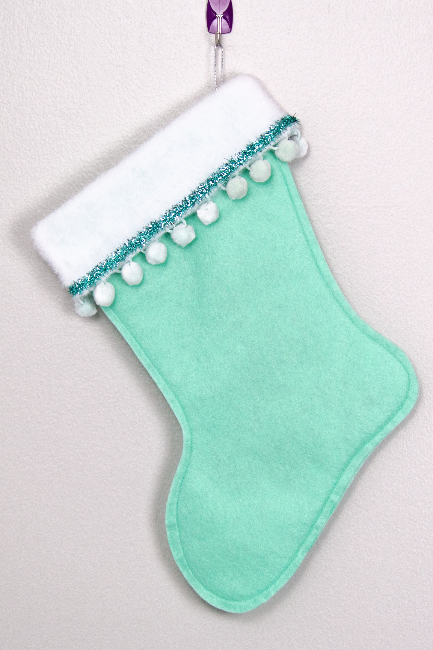 Pink Labradoodle dog on mint green felt Christmas stocking