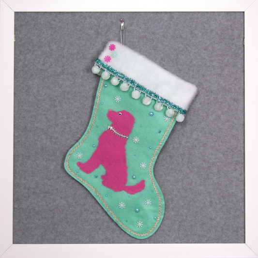 Candy pink labradoodle dog on mint green felt OOAK handmade Christmas stocking with white decoration.