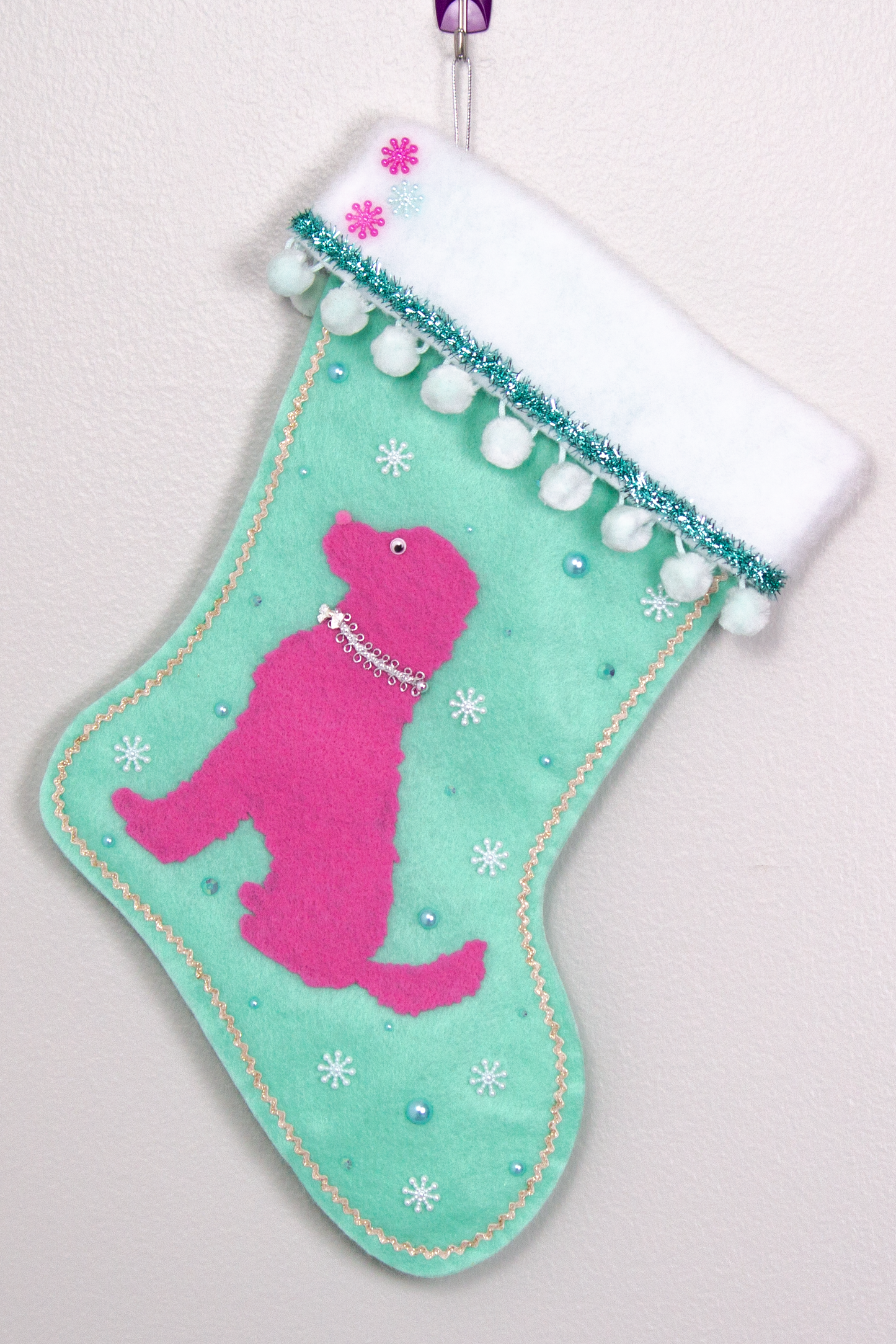 Pink Labradoodle dog on mint green felt Christmas stocking