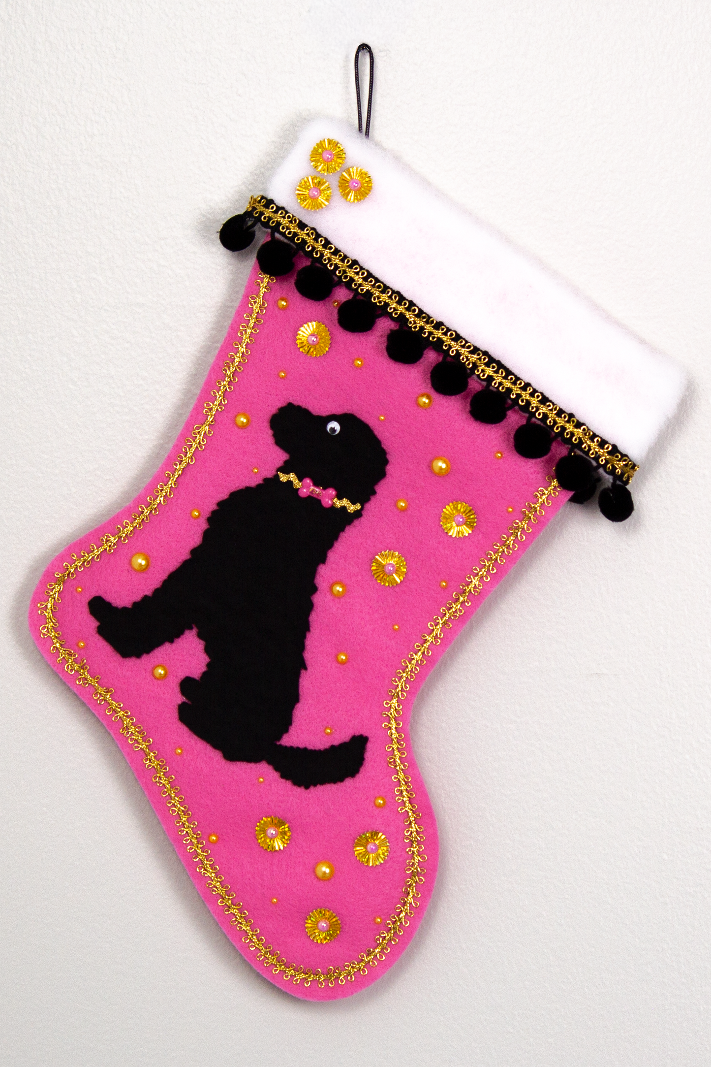 Black Labradoodle dog on pink felt Christmas stocking