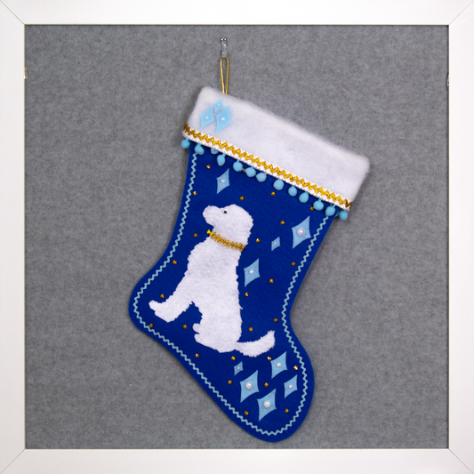 White Labradoodle dog on a royal blue felt OOAK handmade Christmas stocking with diamonds and gold decoration.
